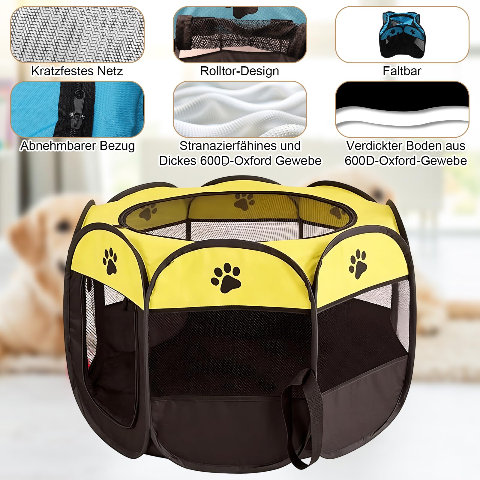 Recinto per Cani da Interno, Portatile Box Cani per Interno ed Esterni, Box Pieghevole per Cane e Gatti, Kennel Cane Piccolo, Gabbia per Gatto, Cucciolo Conigli, 74 x 74 x 43 cm (Giallo)