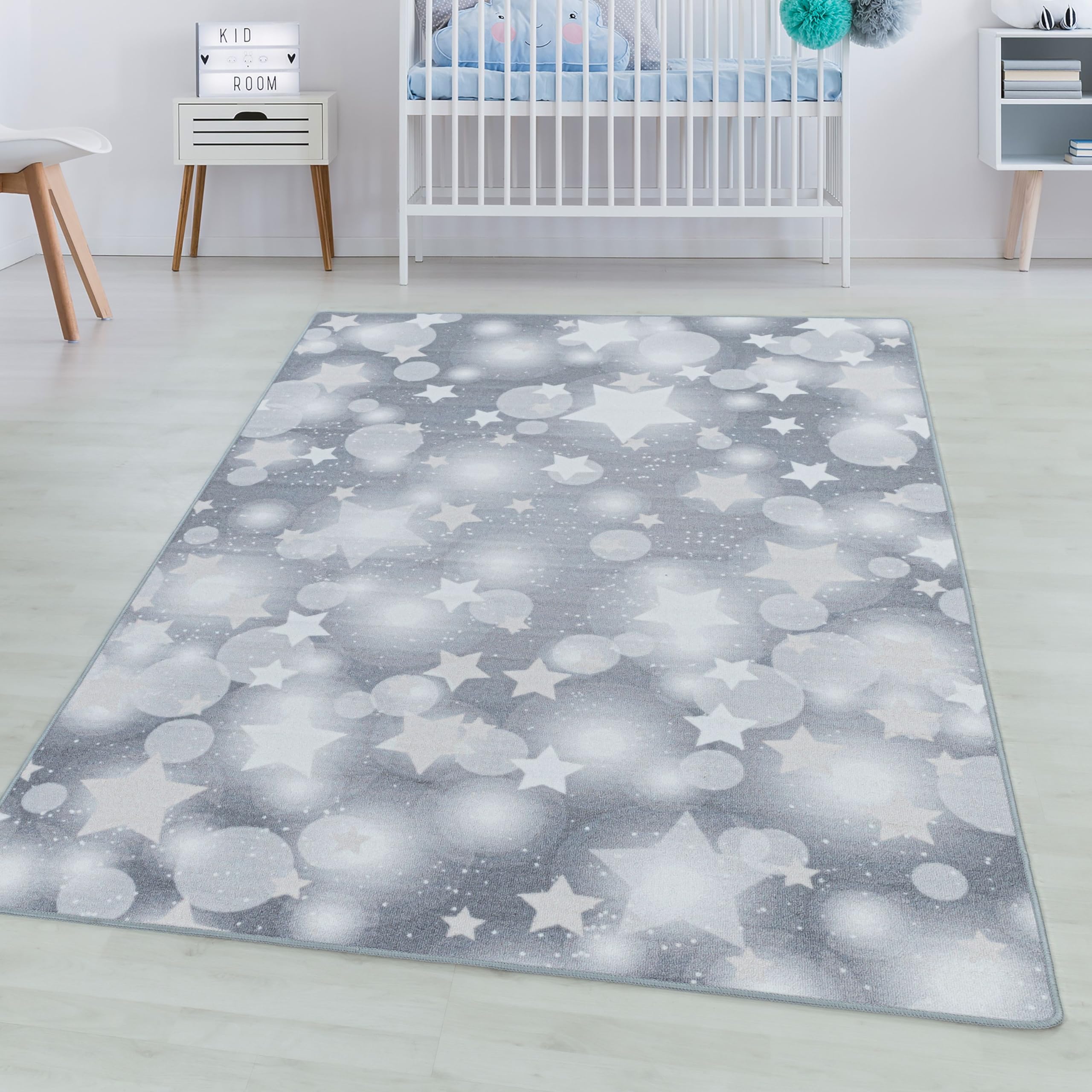 SIMPEX KinderTeppich, Sterne-Design, Teppich Grau, 140 x 200 cm, Teppich für Kinder, Teppich Kinderzimmer