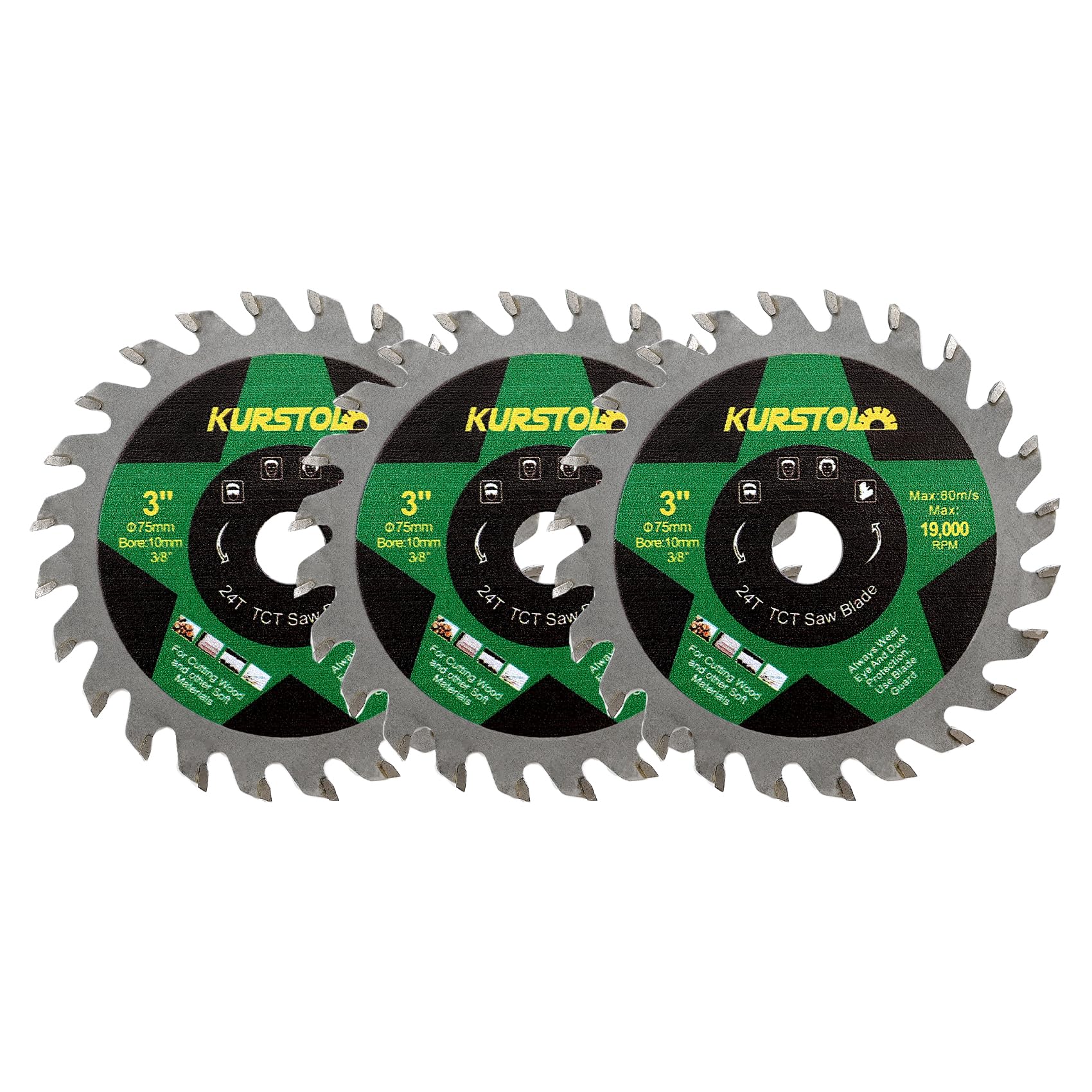 Wood Cutting Circular Saw Blade - KURSTOL TCT Circular Cutting Blade 3"(75mm)*3pcs 24T Cut Off Wheel for Wood Plastic Arbor 3/8"(10mm)