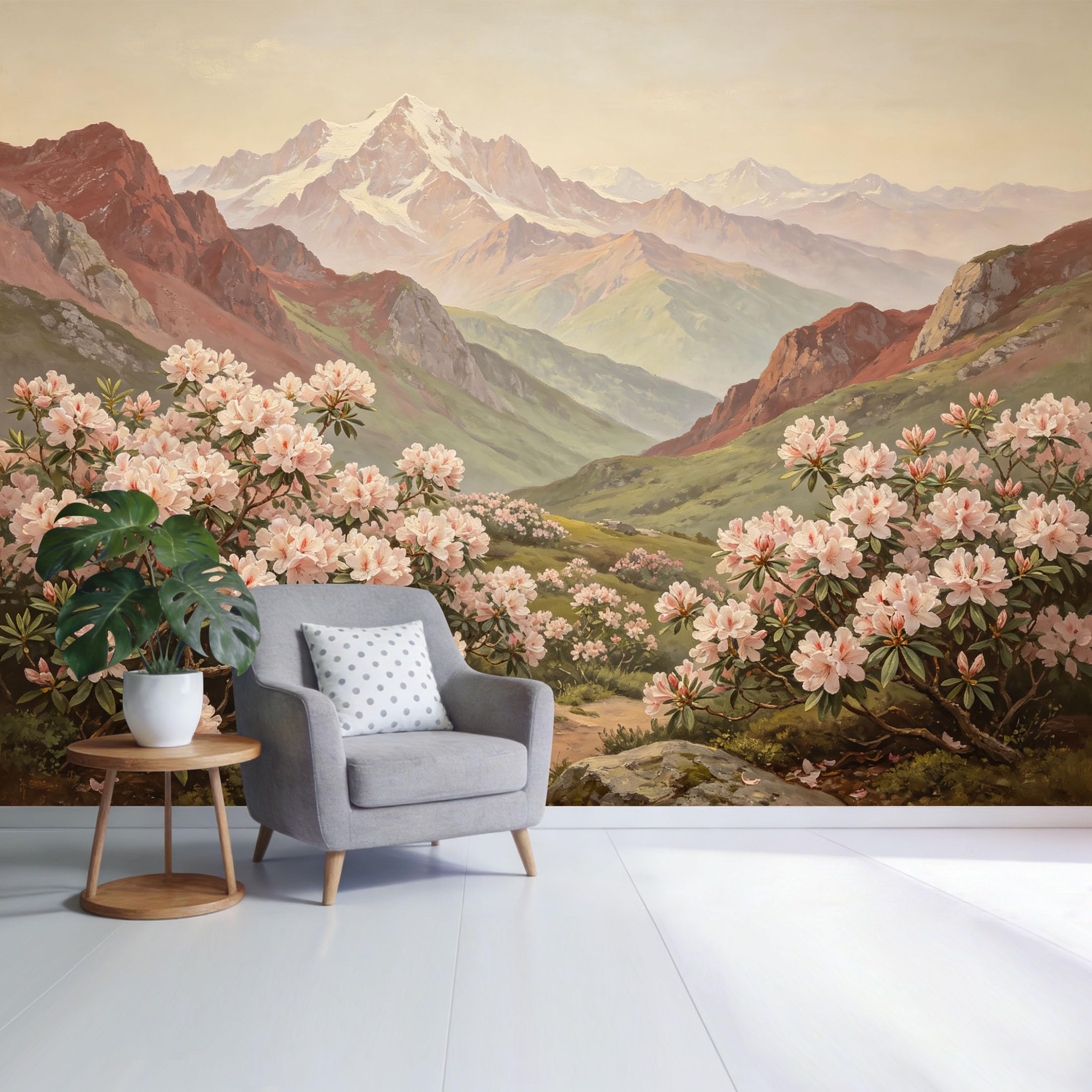 Custom Size Wall Mural Mountain Landscape Blooming Rhododendron Valley Scenic View Botanical Oil Painting Style SelfAdhesive Wall Fabric Removable Wallpaper for Home Office Decor
