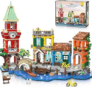 PLAXSOON Venice City House Building Kit with Light, 2155 Pieces Construction Toy with Flower Shop, Pizzeria, Residential House - Architecture Clamping Building Blocks Model Gift for Adults Women