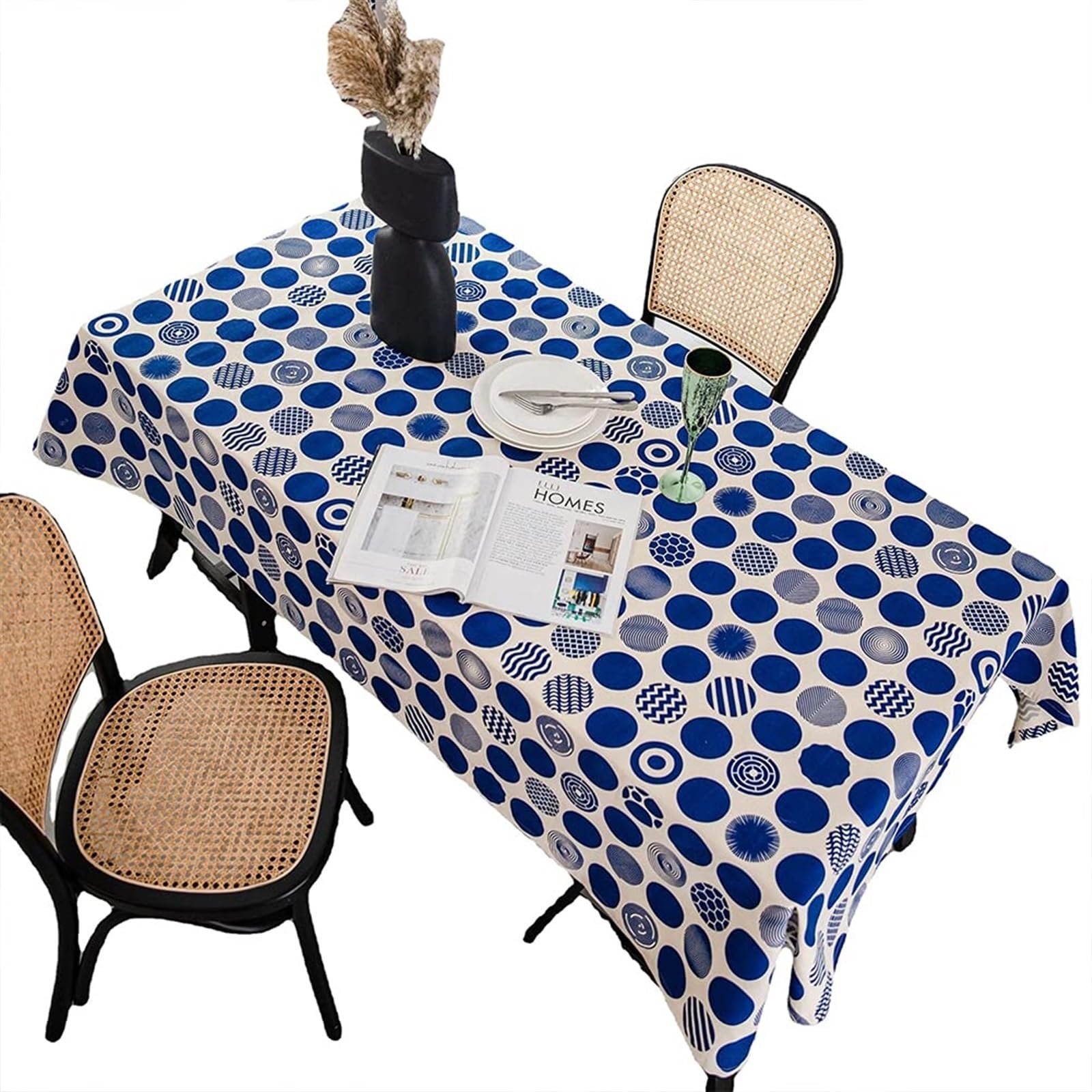 BAHREL Geometryczny obrus bawełniany len nadruk w niebieskie kropki retro minimalistyczny design obrus na stół do jadalni dekoracja kuchni (rozmiar: 140 * 140 cm)