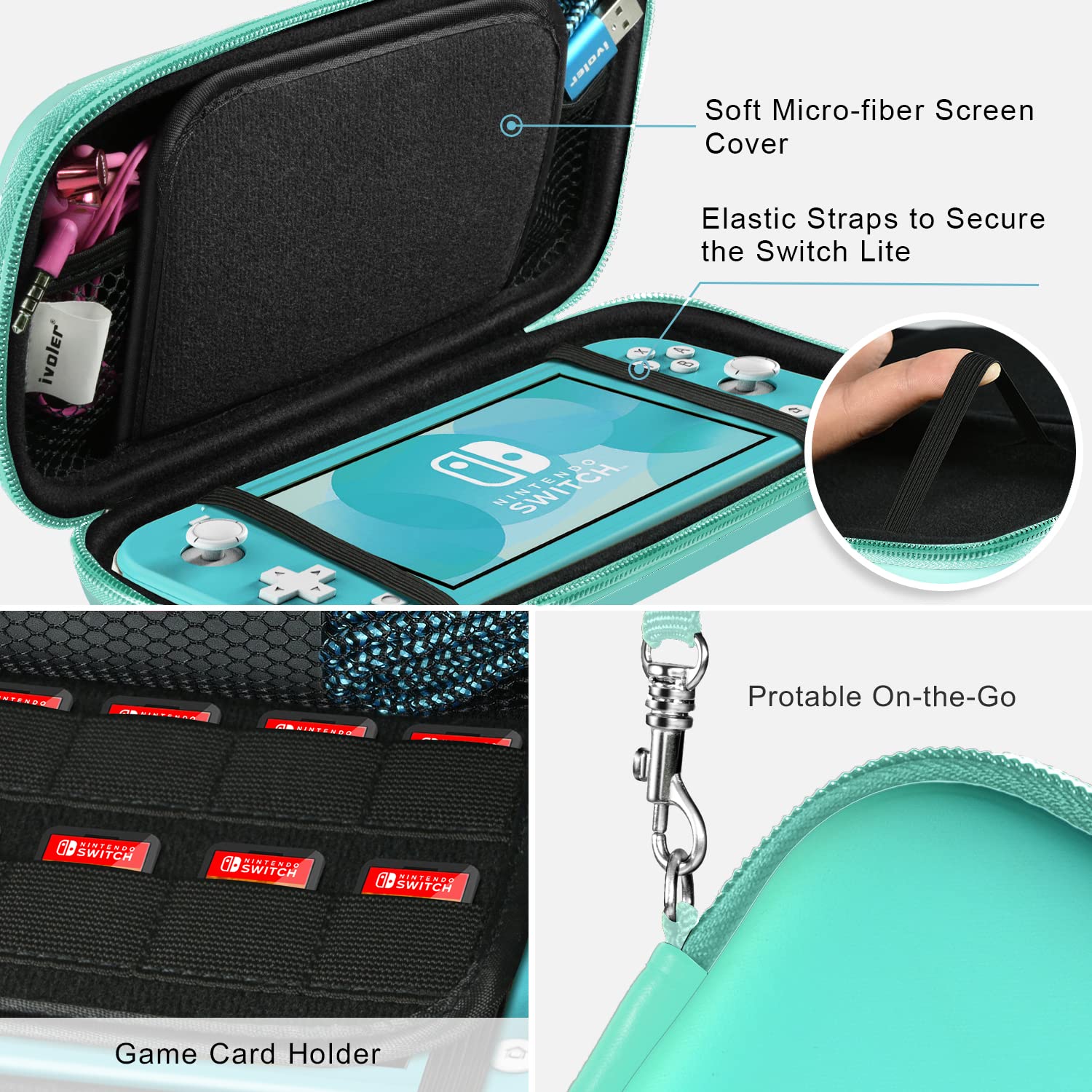 ivoler Carrying Case for Nintendo Switch Lite, Ultra Slim Portable Hard Shell Pouch Travel Game Bag for Switch Lite Accessories Holds 10 Game Cards,Turquoise - Image 5