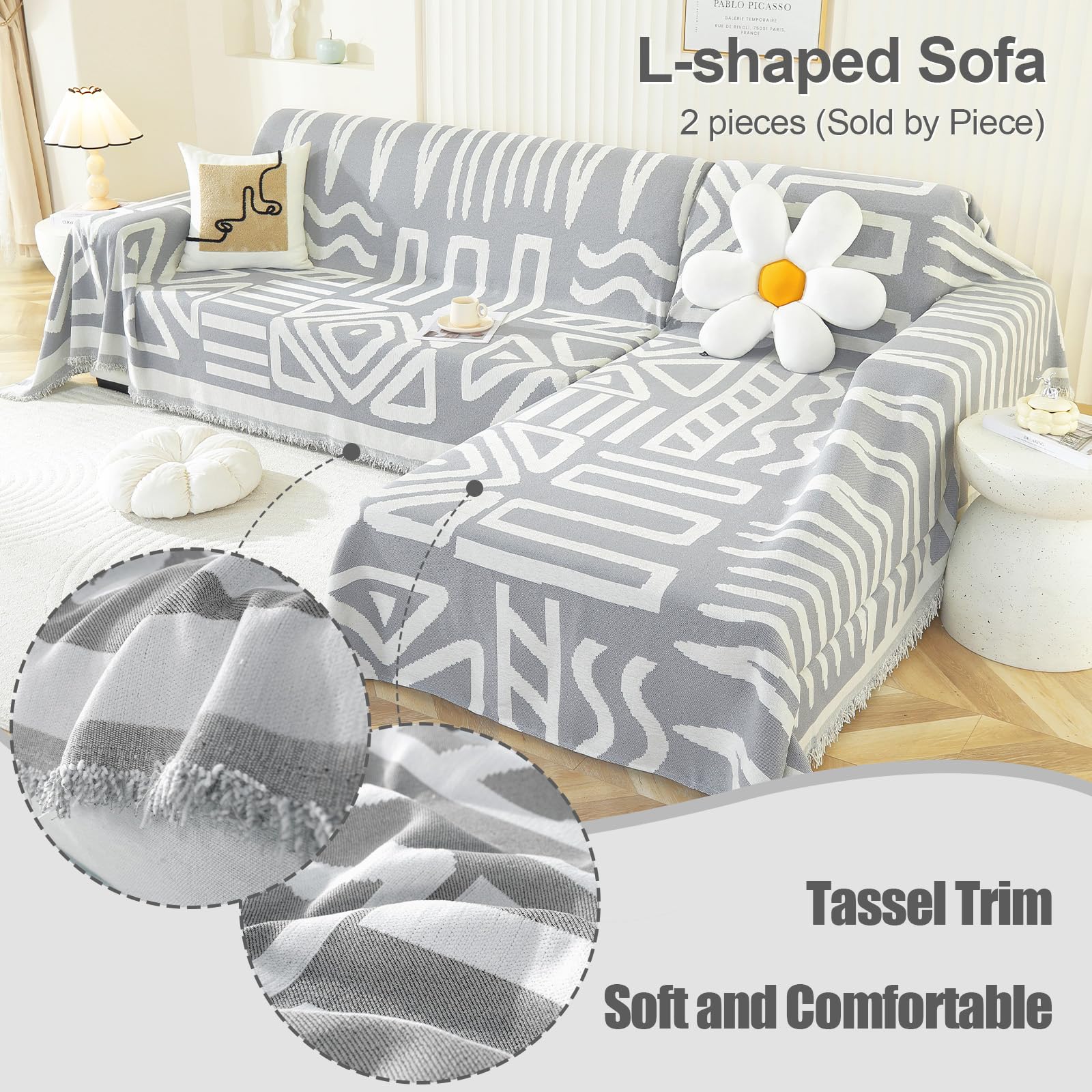 Royhom Boho Sofa Cover 3 Seater, Corner Sofa Covers L Shape, Washable Couch Cover with Tassel - Image 3