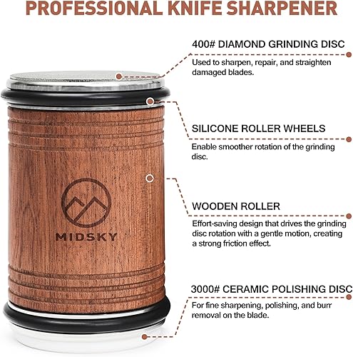 Miniatura 3 de MIDSKY Kit de afilador de cuchillos rodantes, herramienta profesional de sistema de afilado de rodillos con discos de diamante y cerámica, ángulo