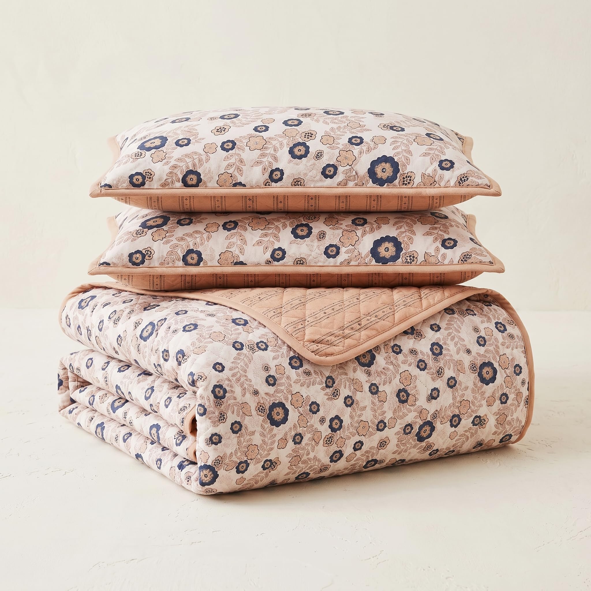 RVS Décor Cotton Quilted Bedspread King Size (90x100 Inch) with 2 Pillow Covers – Soft Lightweight AC Quilt for Double Bed – Floral Printed Summer Bedspread (Beige Blue)-image-18