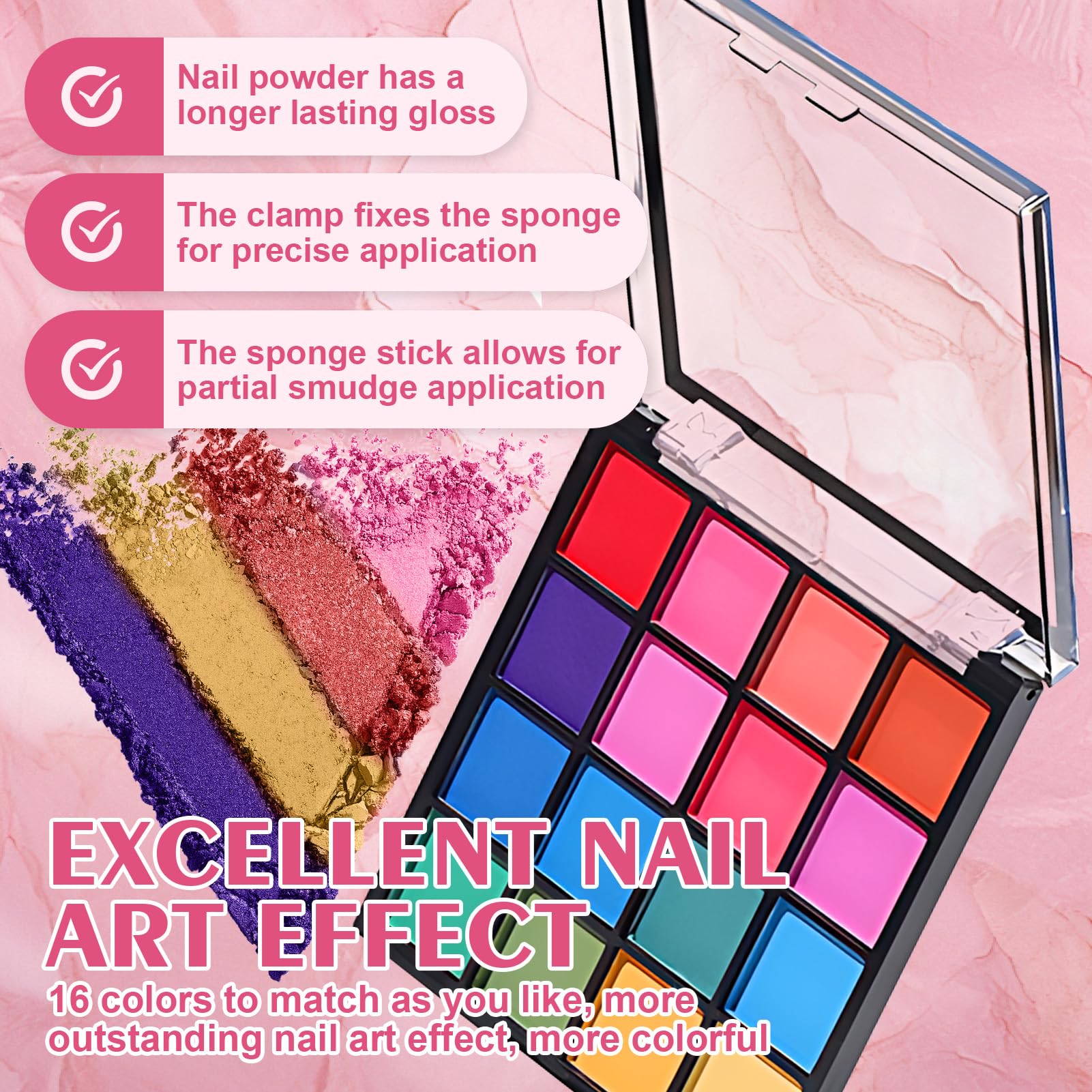 Poudre Chrome Ongle 16 Couleurs, Poudre Ongles Nail Art, Poudreongle Kit Inclus Pigment poudre, 50 Eponge ongles, 10 Bâton éponge, 1 Pince à épiler, Manucure Facile à créer