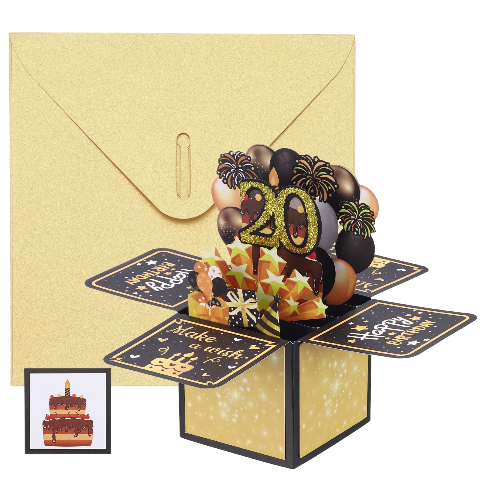 YOKIVE 1 Pcs 3D Birthday Card, 20th Fold Out Birthday Card with Envelope and Small Card for Birthday Party Anniversary Celebration Surprise Greeting Gift, Black Gold Tone