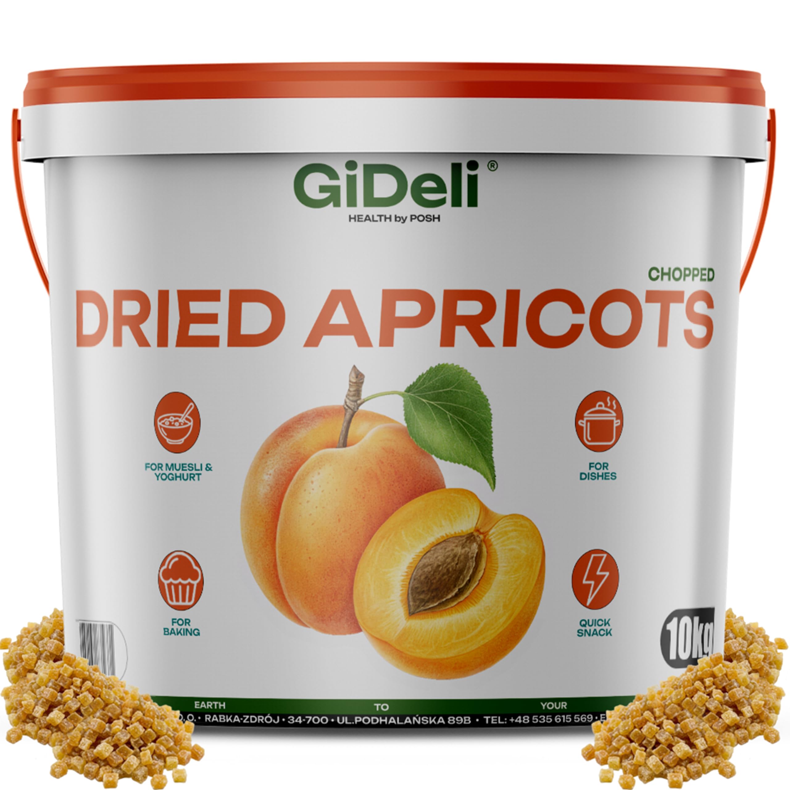 GiDeli Getrocknete Aprikosen 10Kg Gewürfelt Im Eimer Ohne Zuckerzusatz | hoher Fruchtanteil, klebt nicht dank Reismehl, direkt einsatzbereit, ideal für Müsli, Joghurt und zum Backen