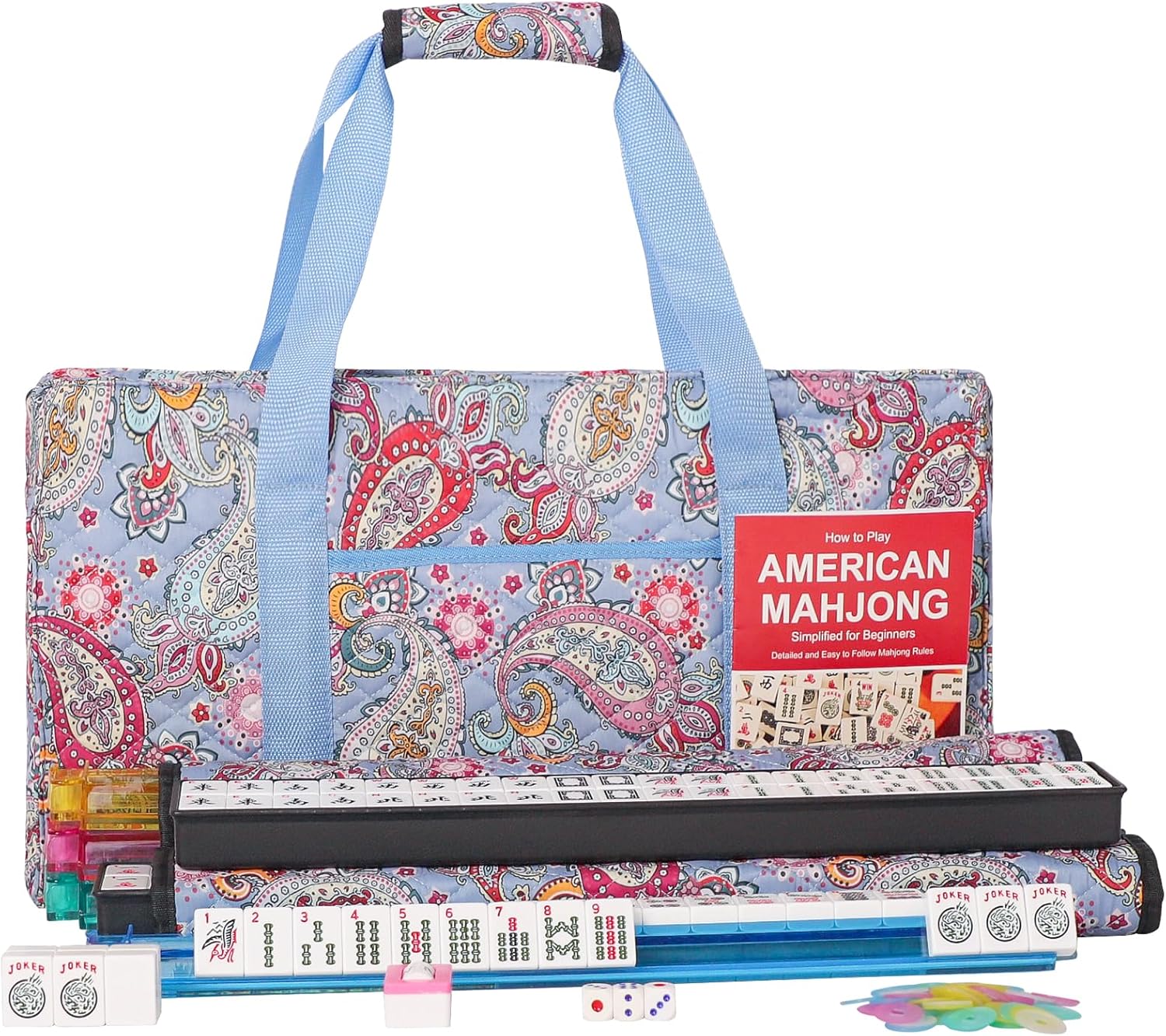 American Mahjong Set,166 Premium White Tiles with Printed Rectangular Bag and Accessories,4 All-in-One Mahjong Racks with Pushers,Complete Western Mah Jongg,Mah-Jongg,Ma Jong Set Light Blue