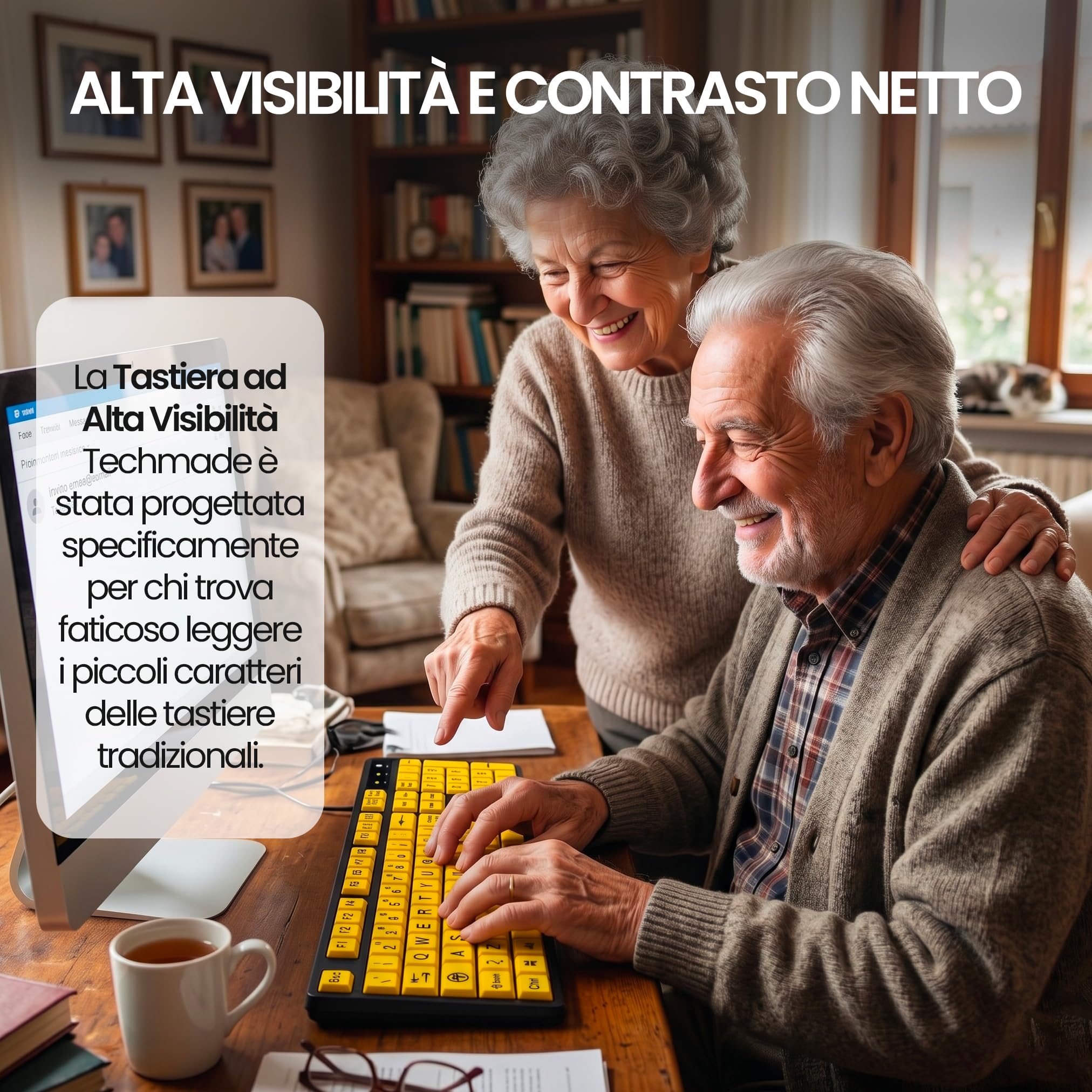 TECHMADE Tastiera per computer con filo per non vedenti (con lettere grandi), USB 2.0 ad alto contrasto con lettere di stampa sovradimensionate su sfondo giallo per persone ipovedenti e anziane