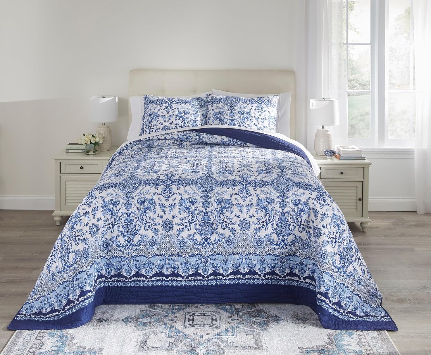 BrylaneHome Blue Porcelain 3 Piece Bedspread Set - King, Blue Porcelain Tile