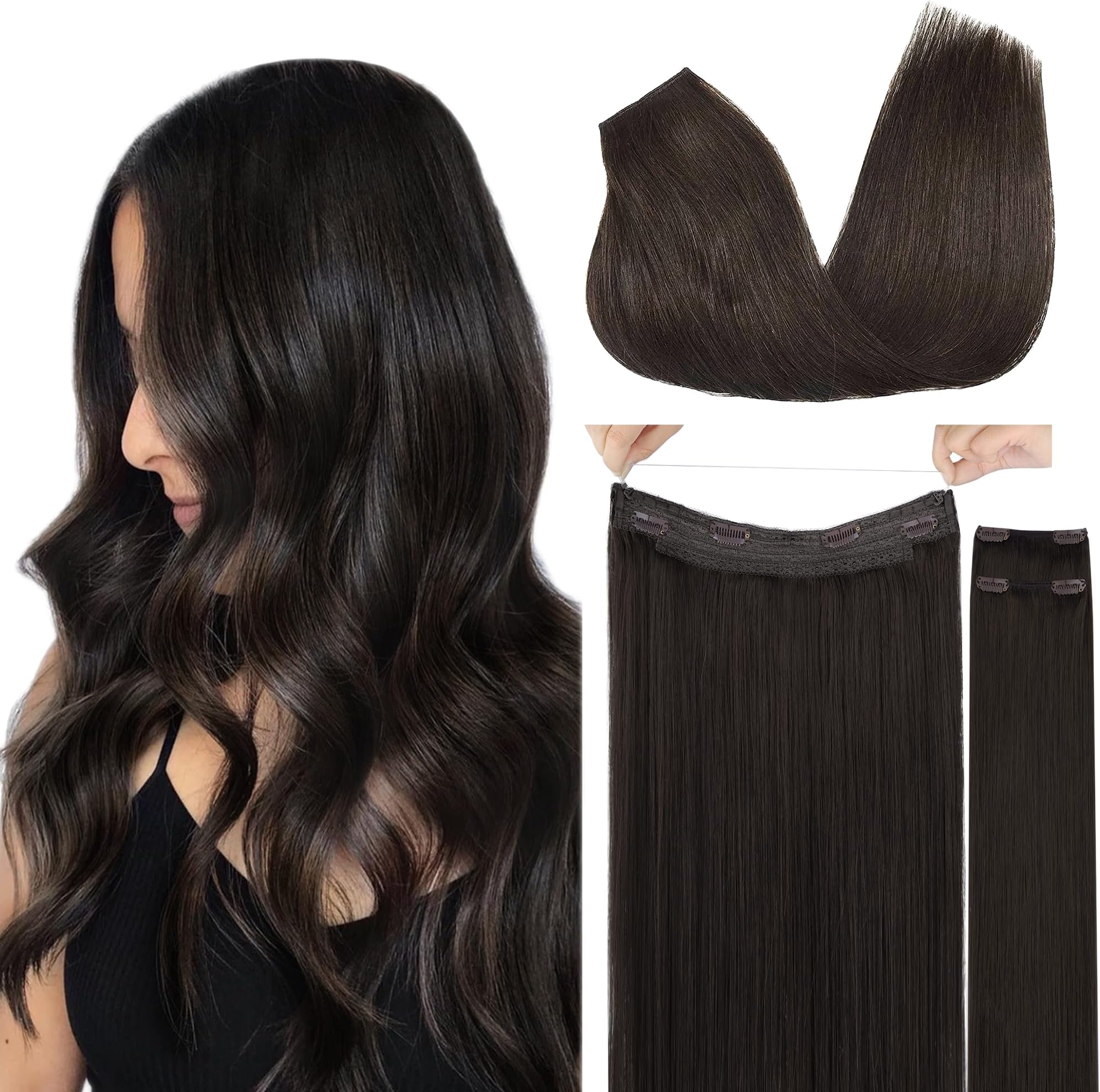 GOO GOO Wire Hair Extensions Human Hair, 2 Dark Brown Natural 12inch 100g, Invisible Wire Hair Extensions with Transparent, Seamless Fish Line Hairpiece