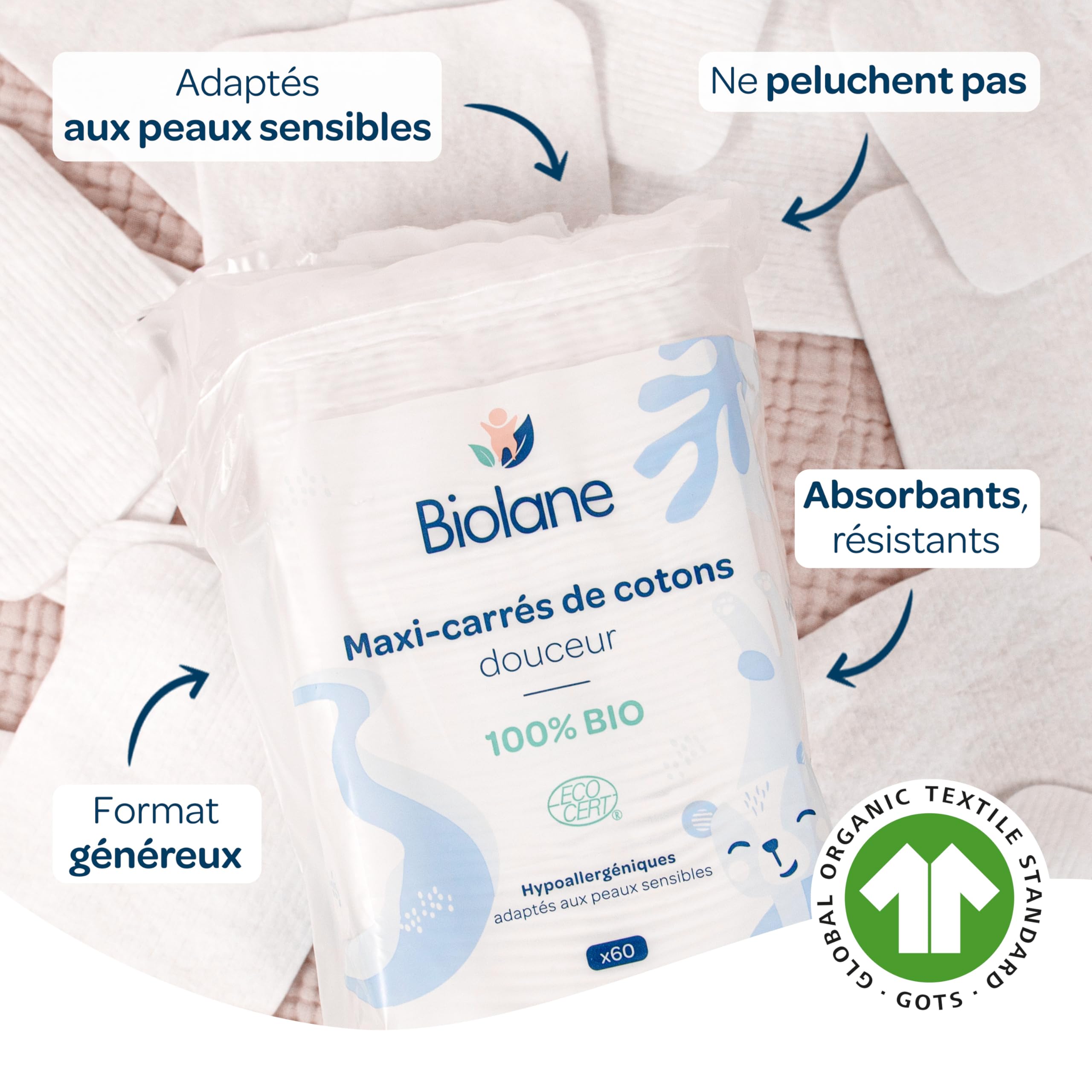 BIOLANE - Lot de 12 Maxi-Carrés de cotons - Bébé - 100% Bio - 720 Cotons - Peaux sensibles - Change & Toilette - Dès la naissance - Fabriqués en France