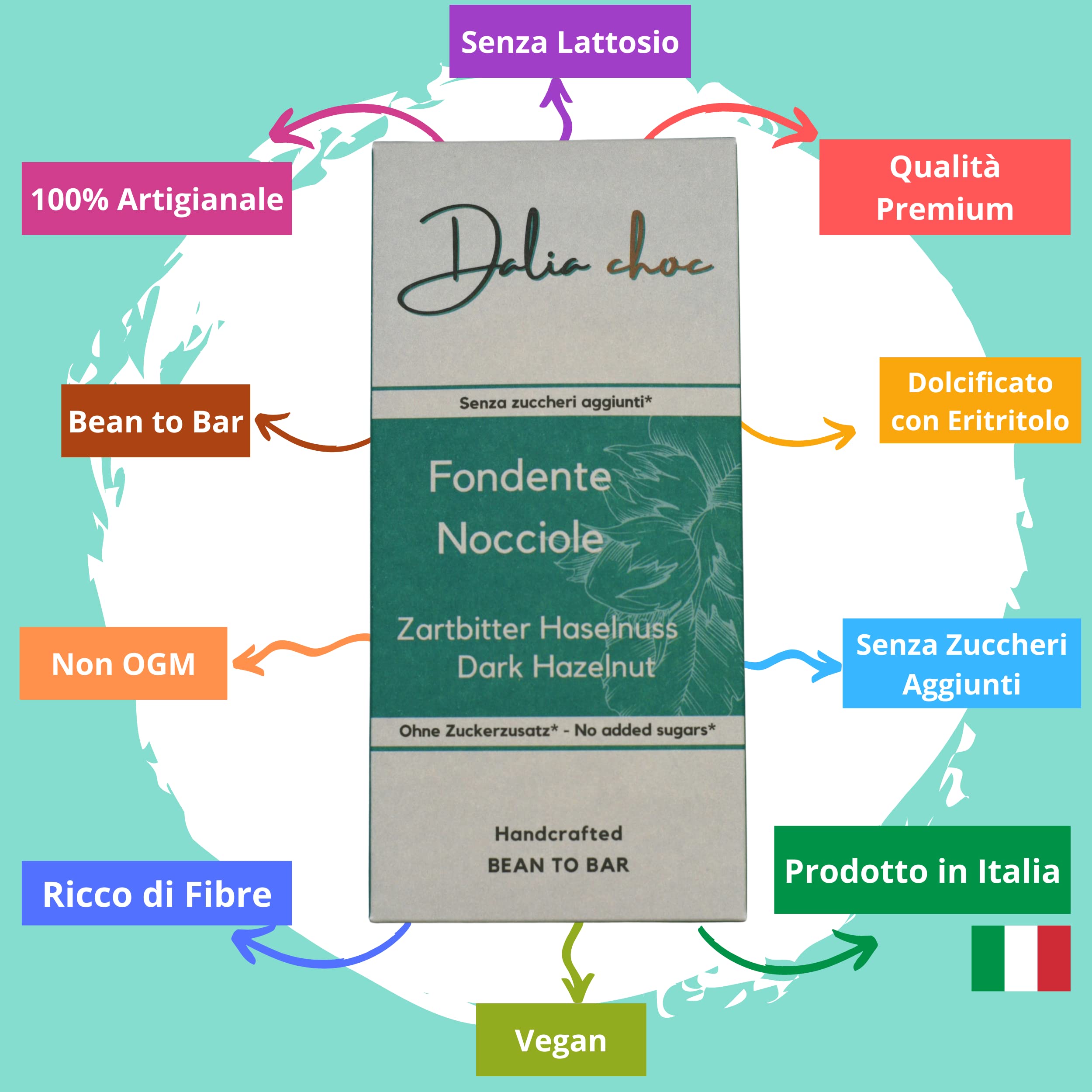 Dalia Choc - Tavolette di cioccolato PREMIUM - 10 Pezzi | Senza Aggiunta di Zuccheri | Prodotto in ITALIA | BEAN TO BAR - FONDENTE-NOCCIOLE