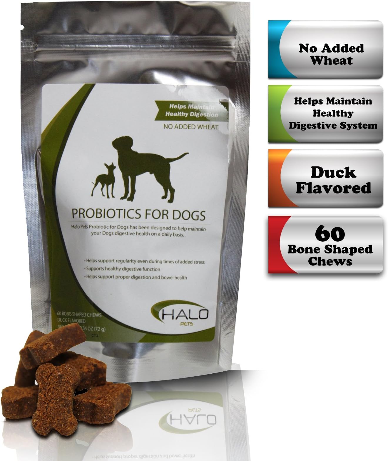 Premium Probiotics For Dogs By Halo Pets - Digestive Enzyme Support For All Dog Types - No Added Wheat - Maintains Healthy Digestion, Immune System and Bowel Health - Supplement For Daily Use - 60 Bite Size Duck Flavored Bone Shaped Chews