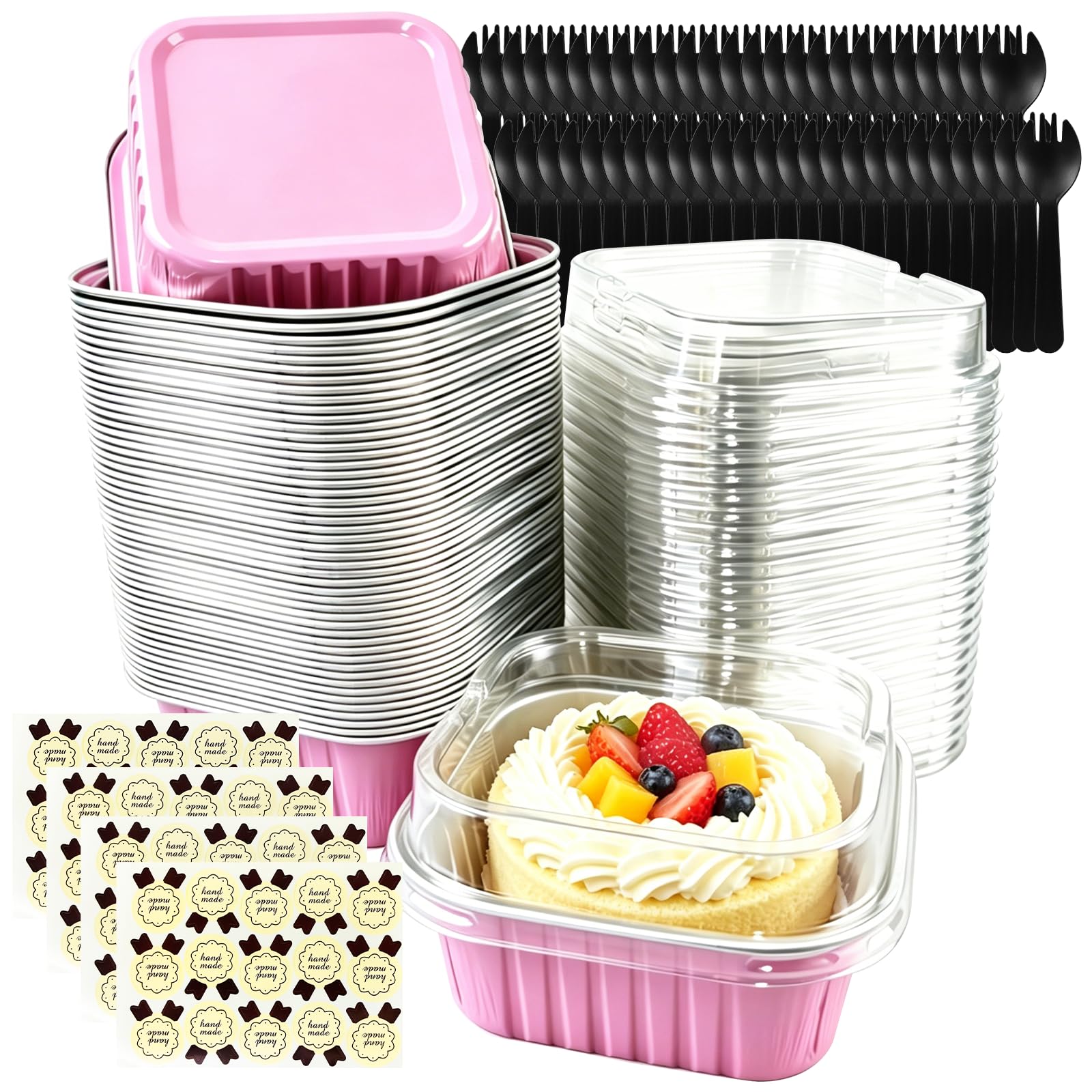 ZBXSNK 50Pcs Mini Cake Baking Cups with Lids Spoons & Stickers, 150ml Reusable Aluminum Foil Cheesecake Pots, Small Square Baking Pans Cake Packaging Tins for Party Wedding Birthday - Pink