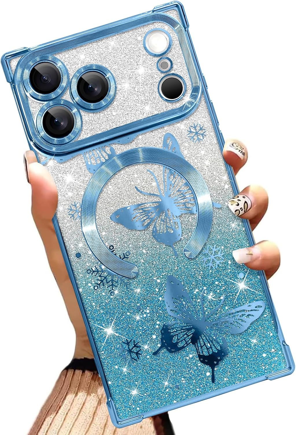 Magnetic Case Made for iPhone 17 Pro 6.3 Inch (Compatible with MagSafe) Glitter Phone Case with Blue Butterfly Design Soft TPU Reinforced Corners Shockproof Bling Phone Cover for Women