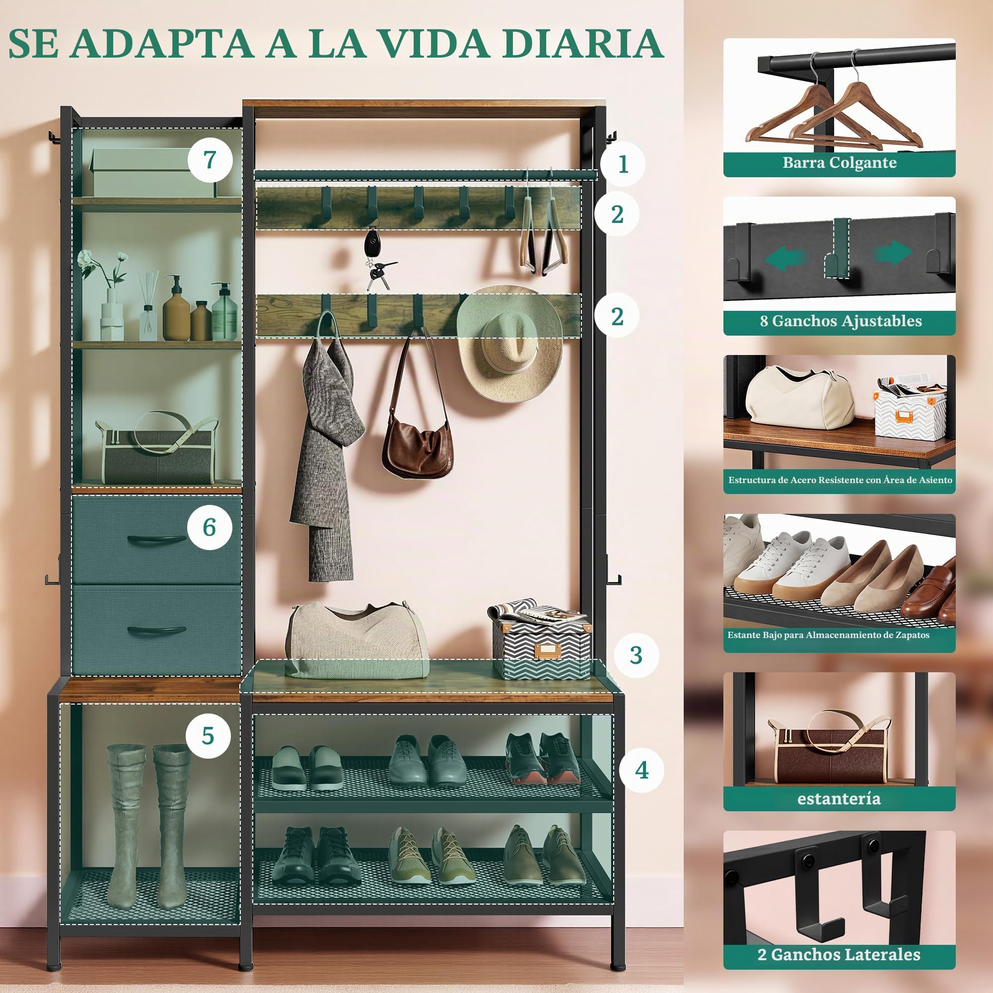 YITAHOME Perchero industrial con 9 ganchos, para pasillo, salón o dormitorio, con estructura de metal