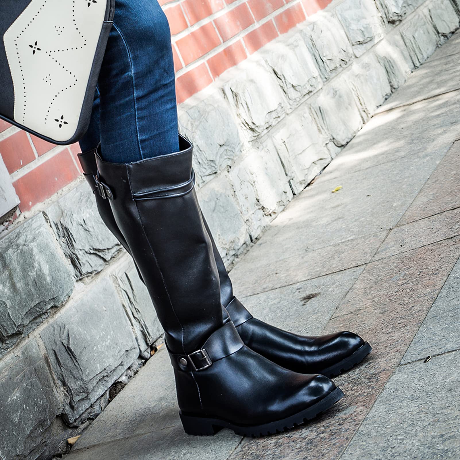 ANUFER Hommes Sous le Genou Bottes de Chevalier Cuir Microfibre Fermeture éclair Cowboy Bottes D'équitation