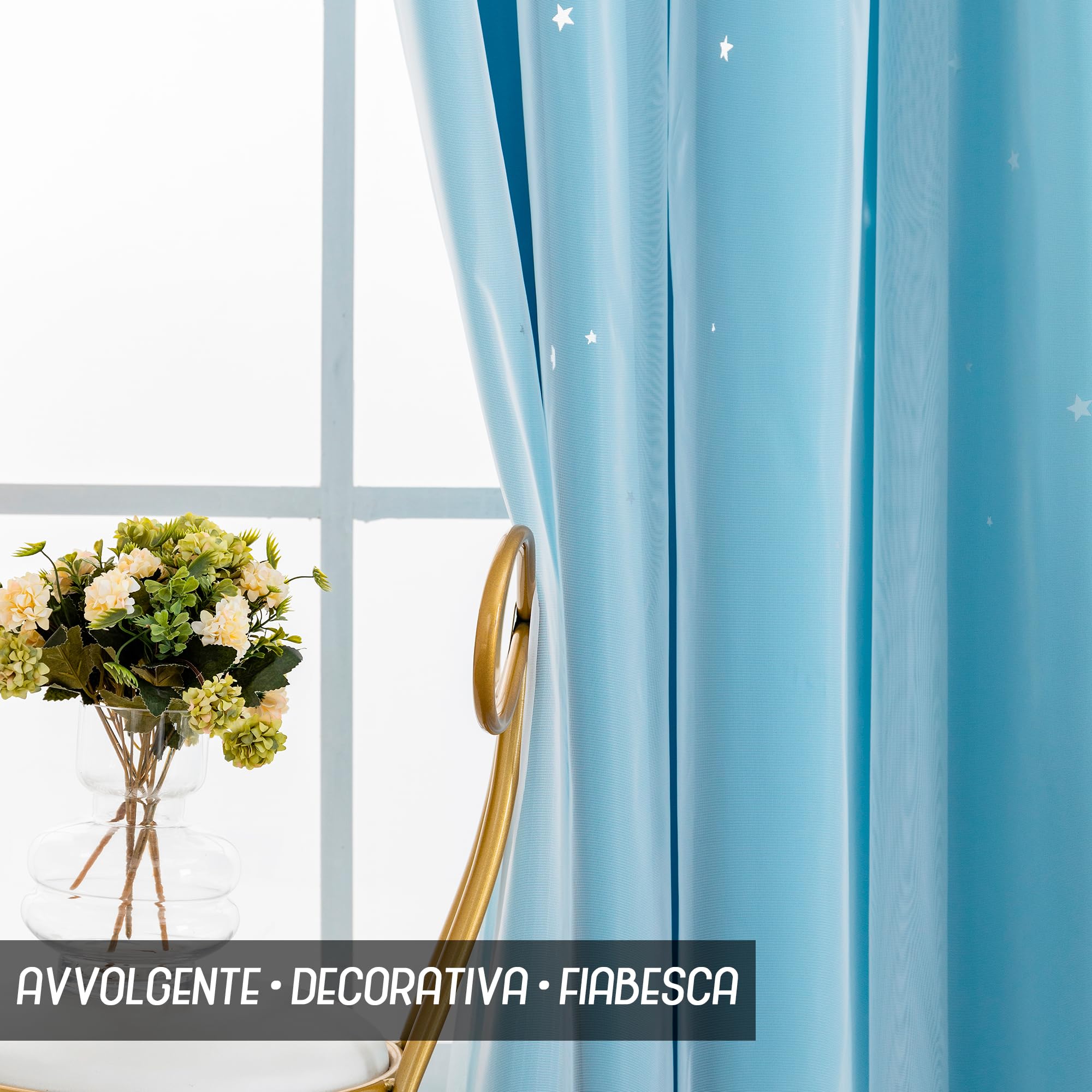 GIRASOLE HOME® Paire de rideaux à double voile occultants doux fantaisie étoiles vides, rideau isolant, pour chambre et chambre d'enfant, 2 panneaux avec œillets (140 x 145 cm, bleu ciel)