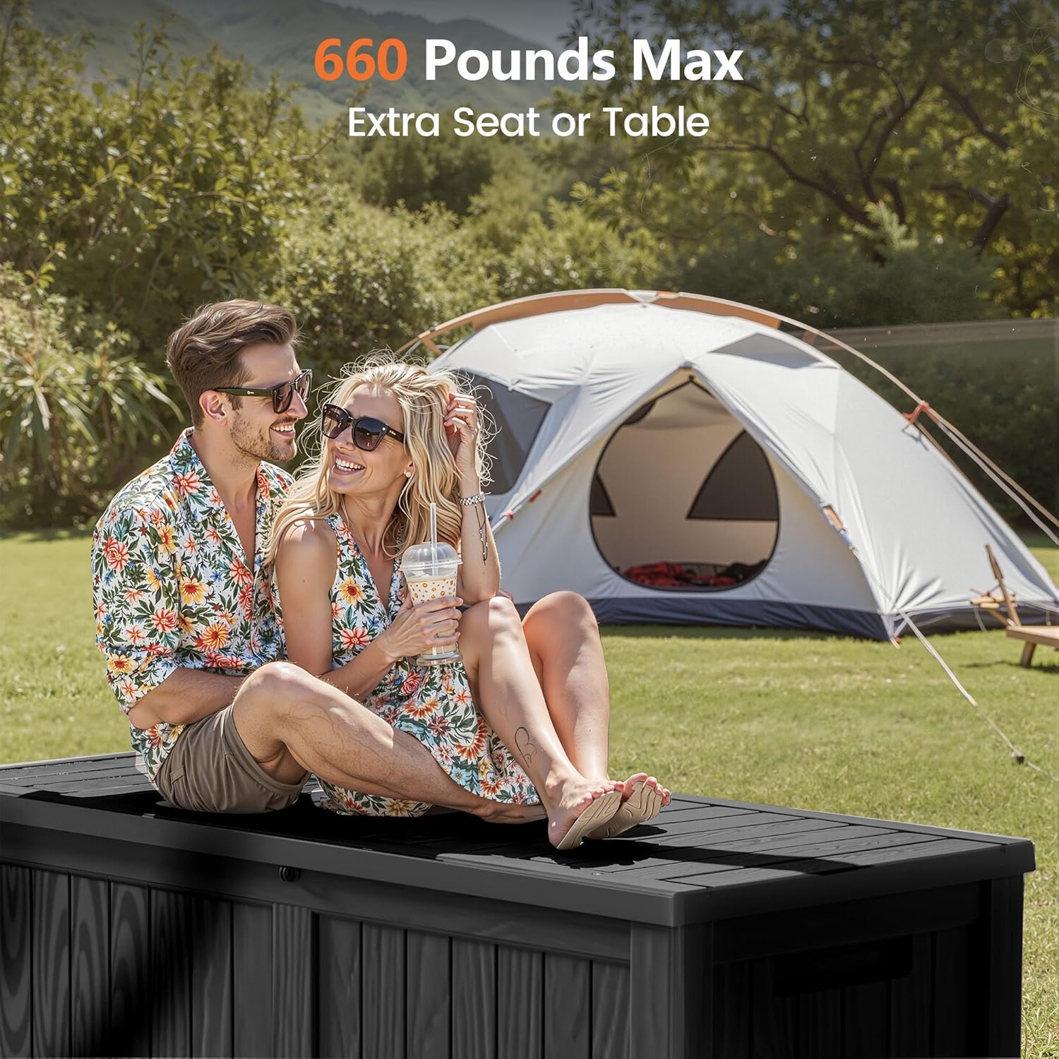 120 Gallon Outdoor Storage Box - Waterproof Resin Deck Box with Stainless Steel Rods - Lockable & Fade Resistant Storage Bin for Patio Cushions & Garden Tools, Black