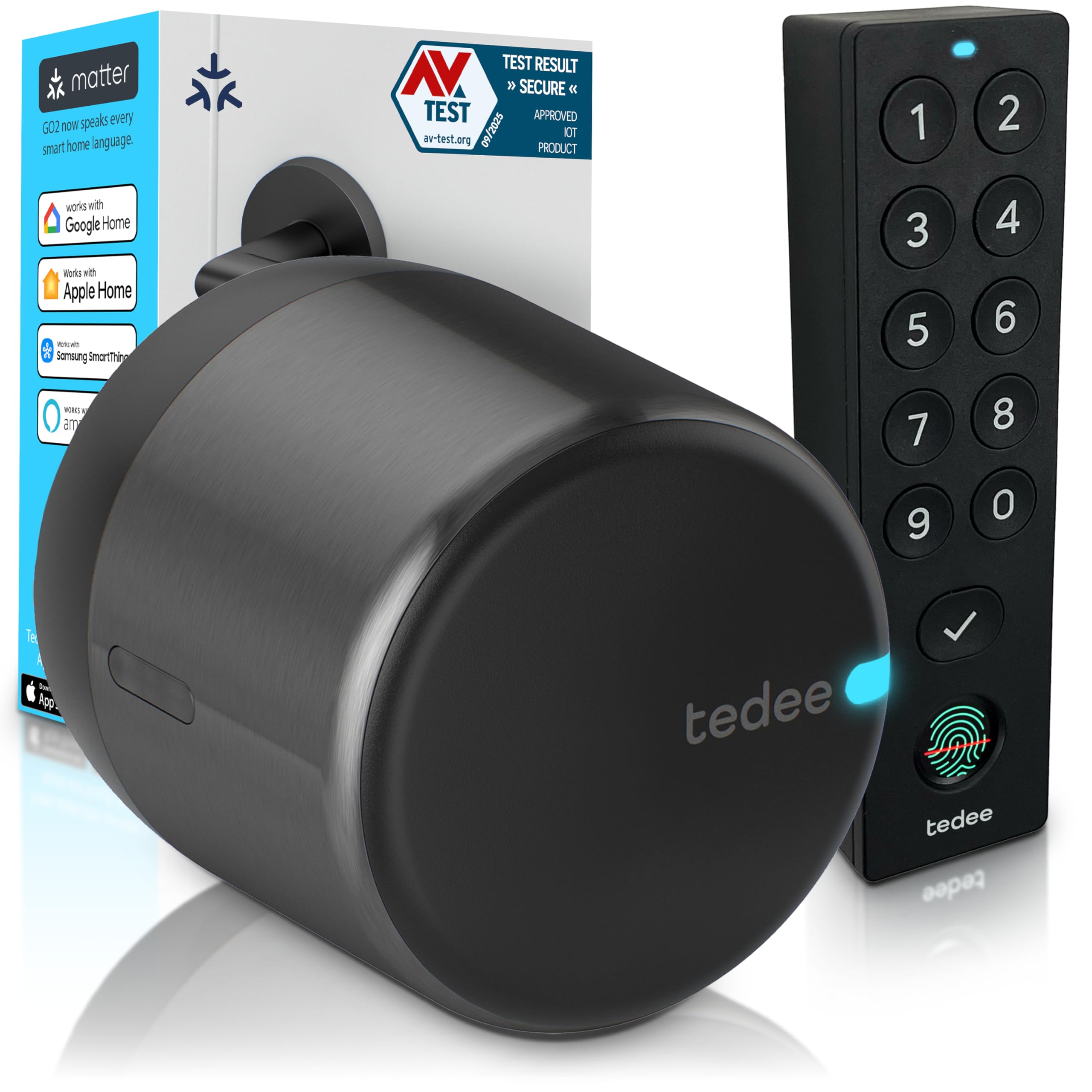 tedee Lock GO 2 Aluminium Set |smartes Türschloss Schwarz | biometrisches Tastenfeld Schwarz | Smart Home iOS, Android | Bluetooth | Motorschloss | PIN + Fingerprint | keine Installationshardware