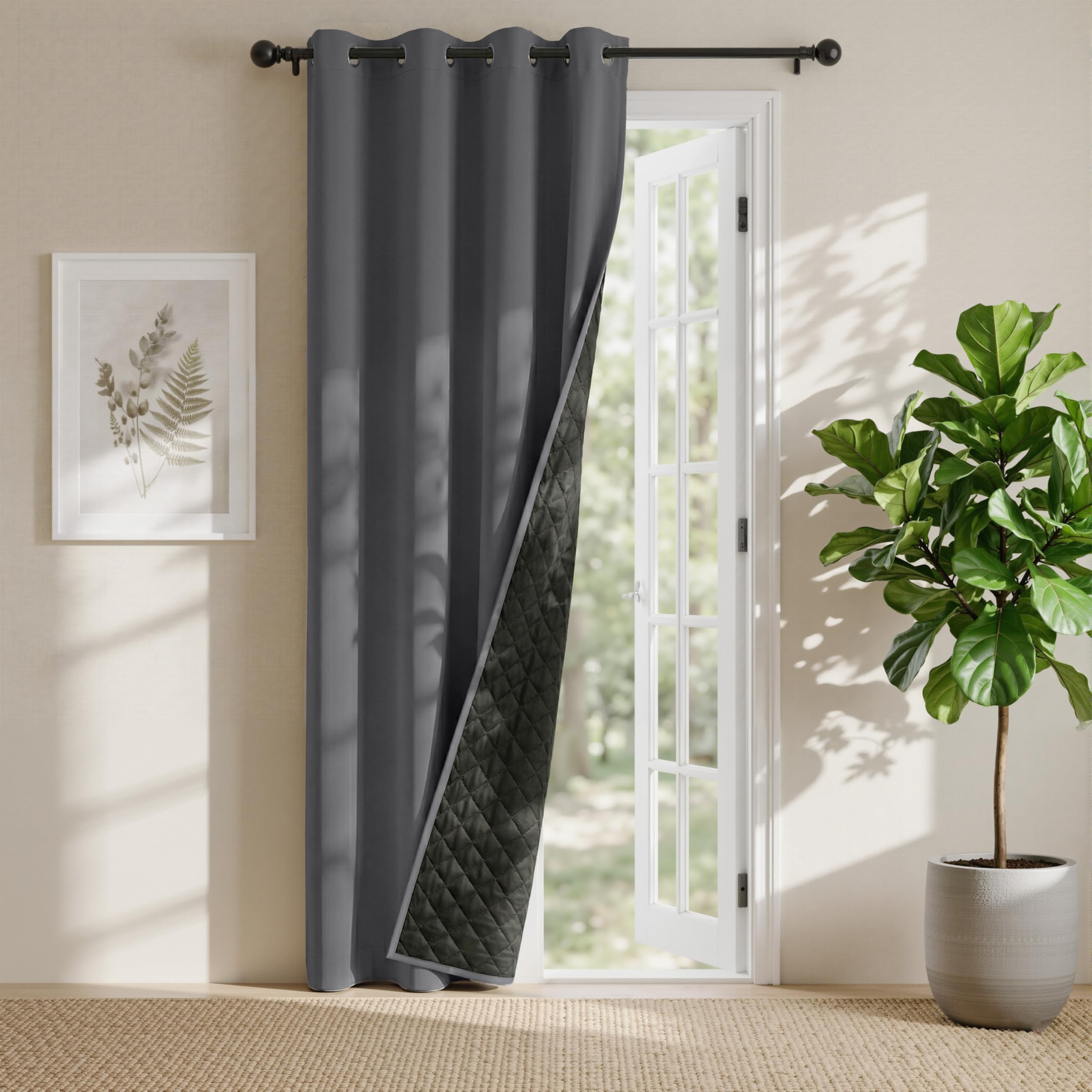 PONY DANCE Single Panel Thermal Door Curtain 84 inches Drop - Cold Insulated 100% Blackout Curtain, Windproof Thermal Thick Panel for Living Room/French Door, 55 inches Wide, Grey
