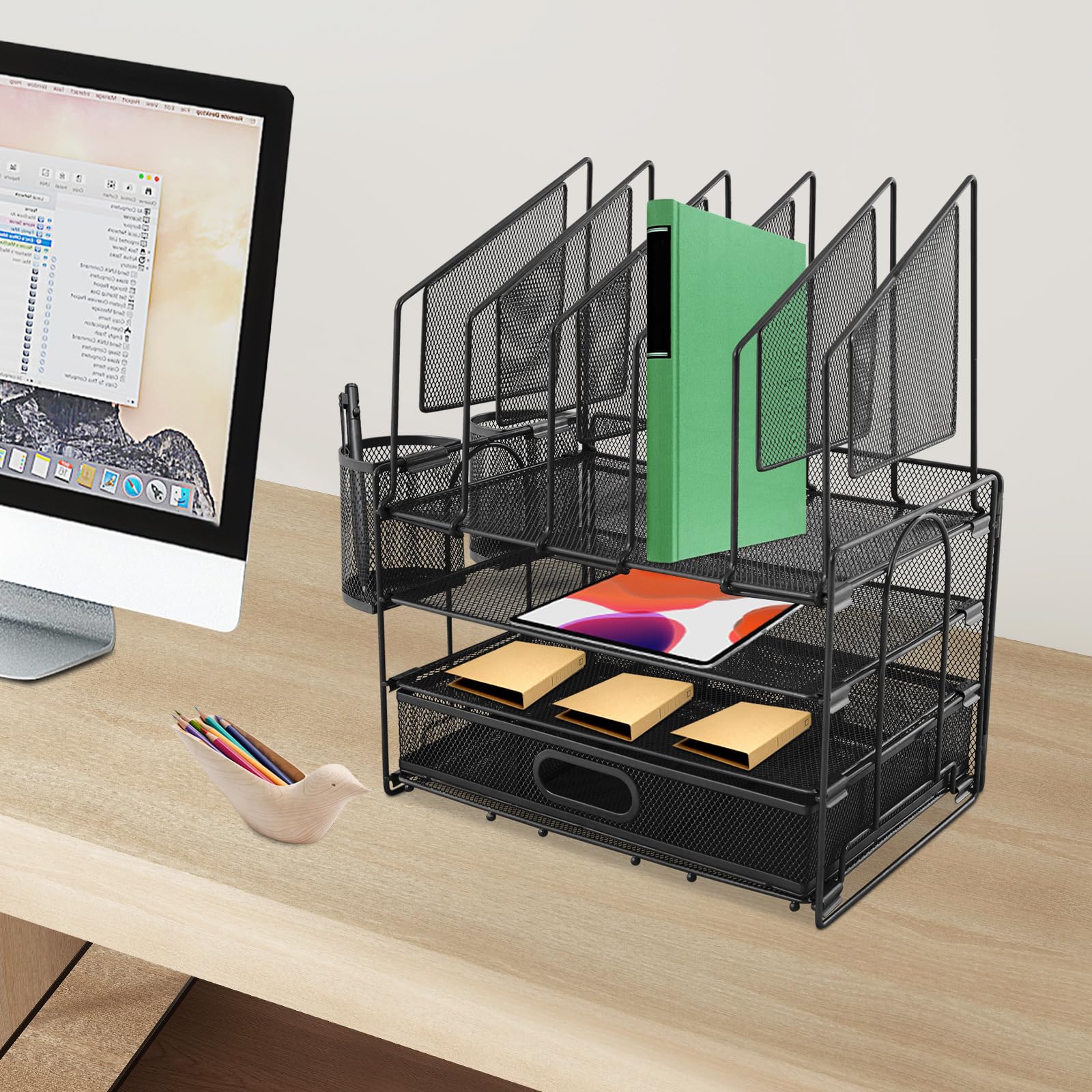 Organizer da scrivania con cassetti, in metallo, con 2 portapenne, in rete rimovibile, con 5 scomparti verticali, per scuola, casa, ufficio, ufficio, 32,6 x 22,8 x 41 cm (nero)