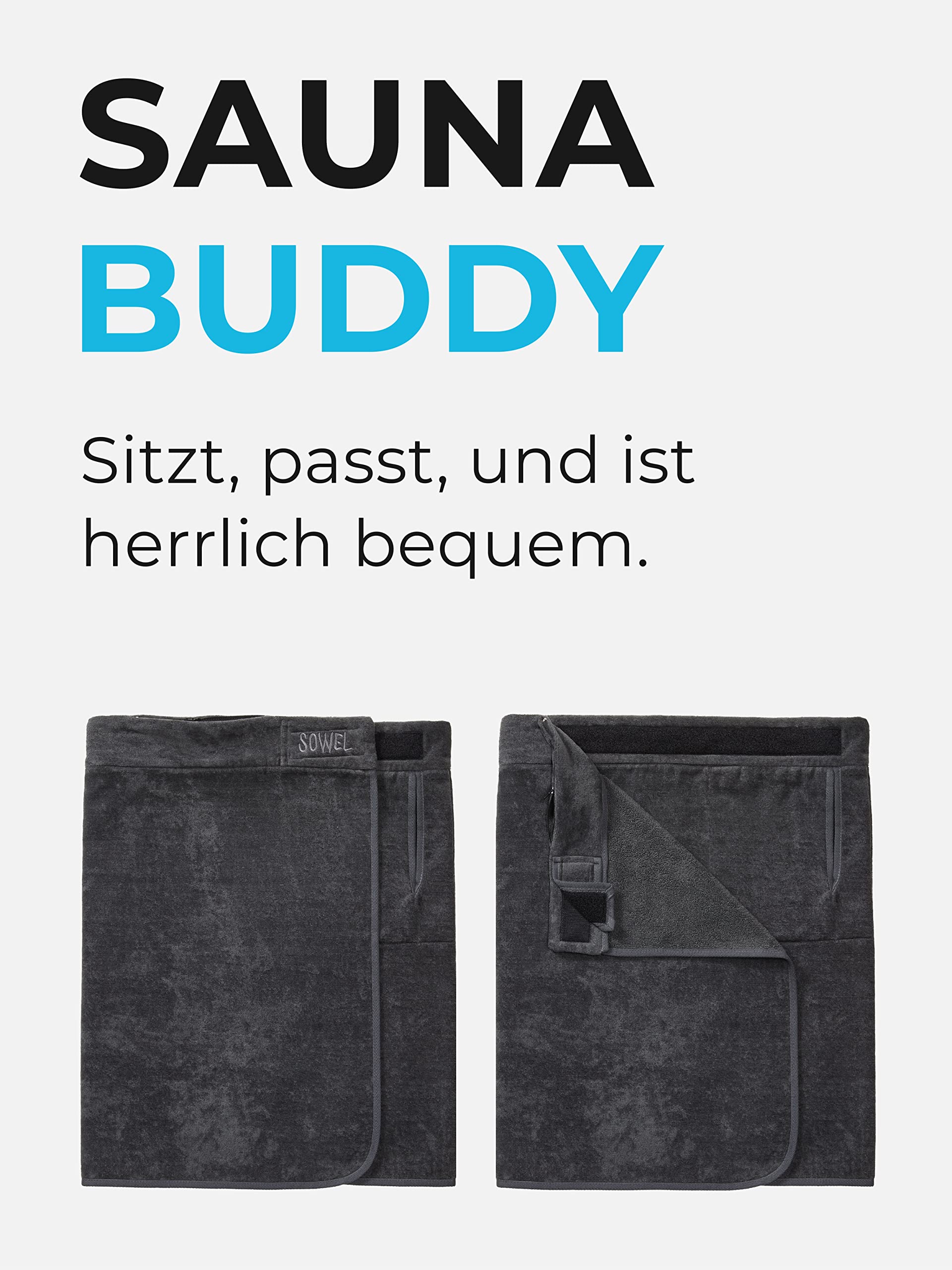 Sowel® Saunakilt Herren, 100% Bio-Baumwolle, 60x140 cm, Anthrazit/Anthrazit | Sauna Buddy, Saunahandtuch mit Klettverschluss, Saunatuch,