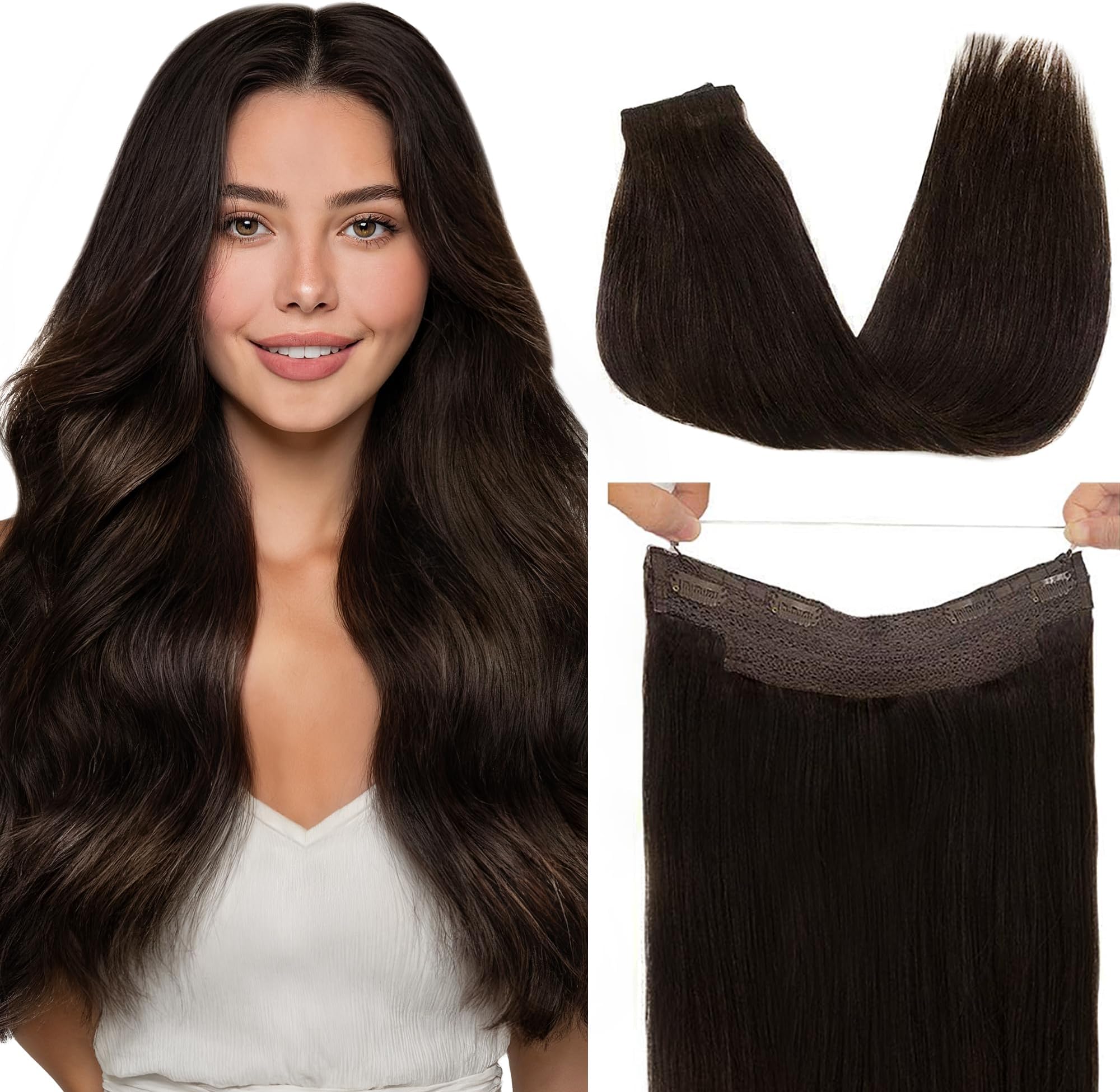 GOO GOO Wire Hair Extensions Human Hair, Adjustable Fish Line Hairpiece | 16 Inch 95g, #2 Dark Brown, Remy Human Hair, 10 Inch Wide Weft, Invisible, Seamless, Comfortable Every Day.
