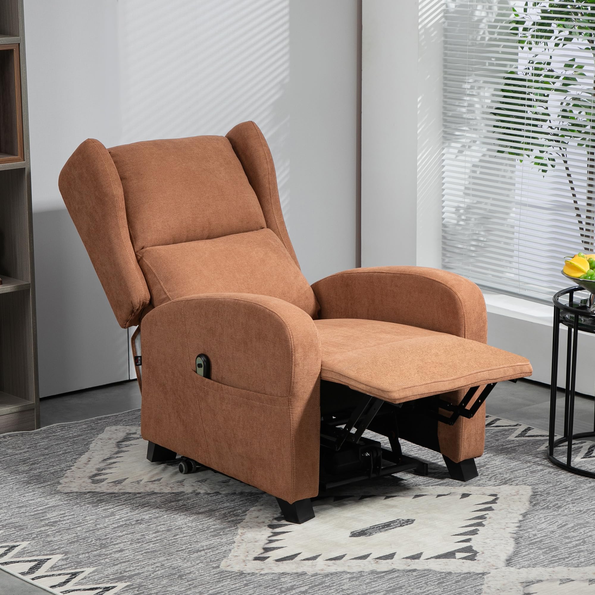 HOMCOM Poltrona Elettrica Alzapersona Reclinabile 160° con 2 Ruote Universali, Poltrona Relax Elettrica in Tessuto con Telecomando, Poggiapiedi e Tasche Laterali, Marrone Scuro