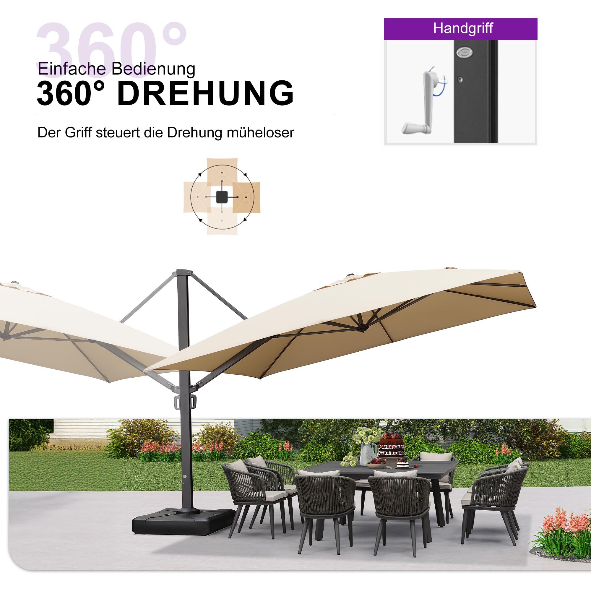 PURPLE LEAF Sonnenschirm 365 × 365 cm Eingebauter Griff Alu Groß Beige | Große Schattenzone, Verdickter Schirmmast, mehr Stabilität, 360° Flexibilität, Vielseitig Verstellbar, 240g/m² UV50+ Stoff