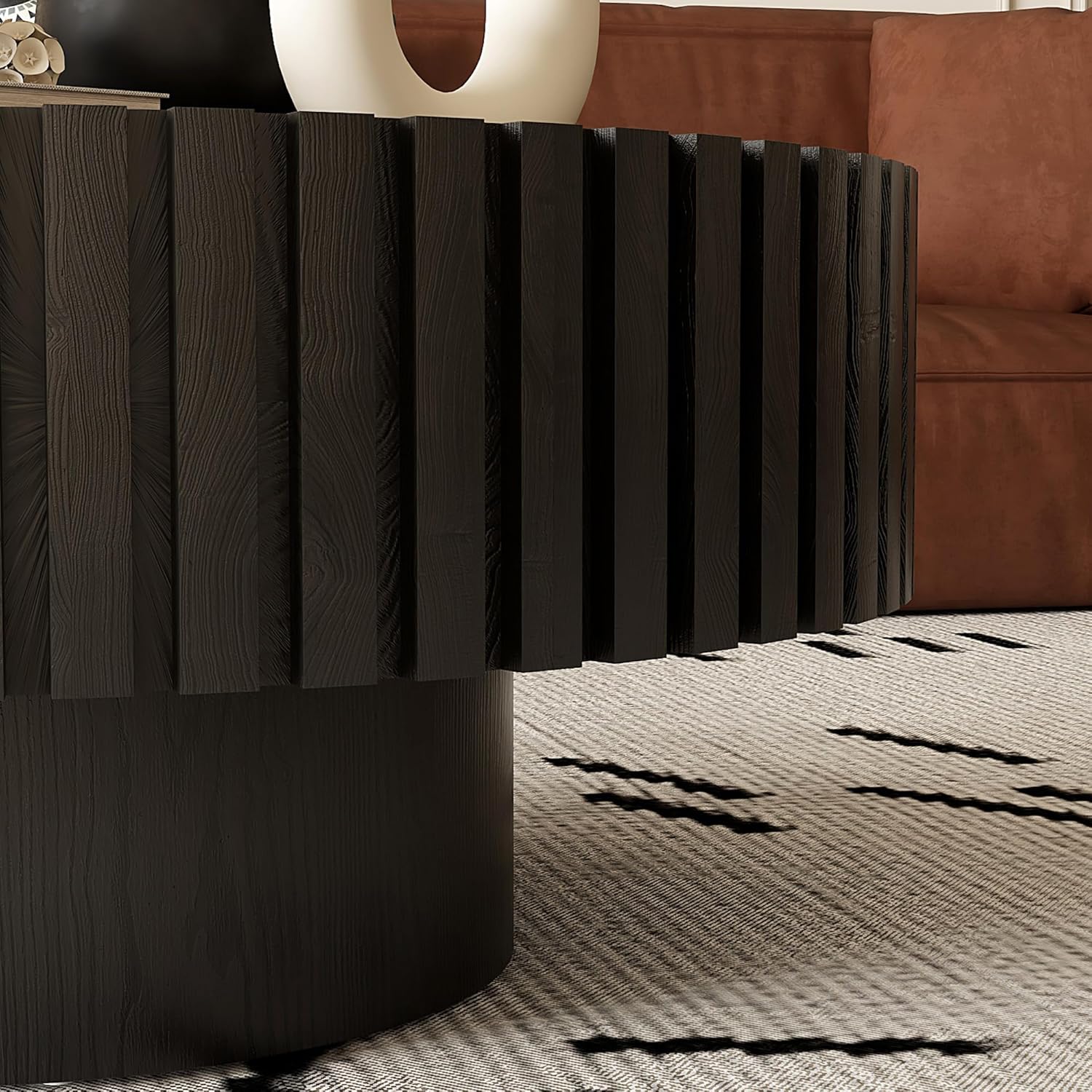 Henf 31.5" Round Wood Coffee Table for Living Room Modern Handcraft Drum-Shape Coffee Center Table for Small Space Apartment Home Office, Easy Assembly (Black)