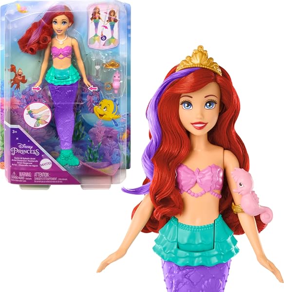 Mattel Arielka Disney Lalka, Wielokolorowy, od 3 Lat | Zmienia kolor w wodzie, pływająca lalka, motyw Mała Syrenka, do z