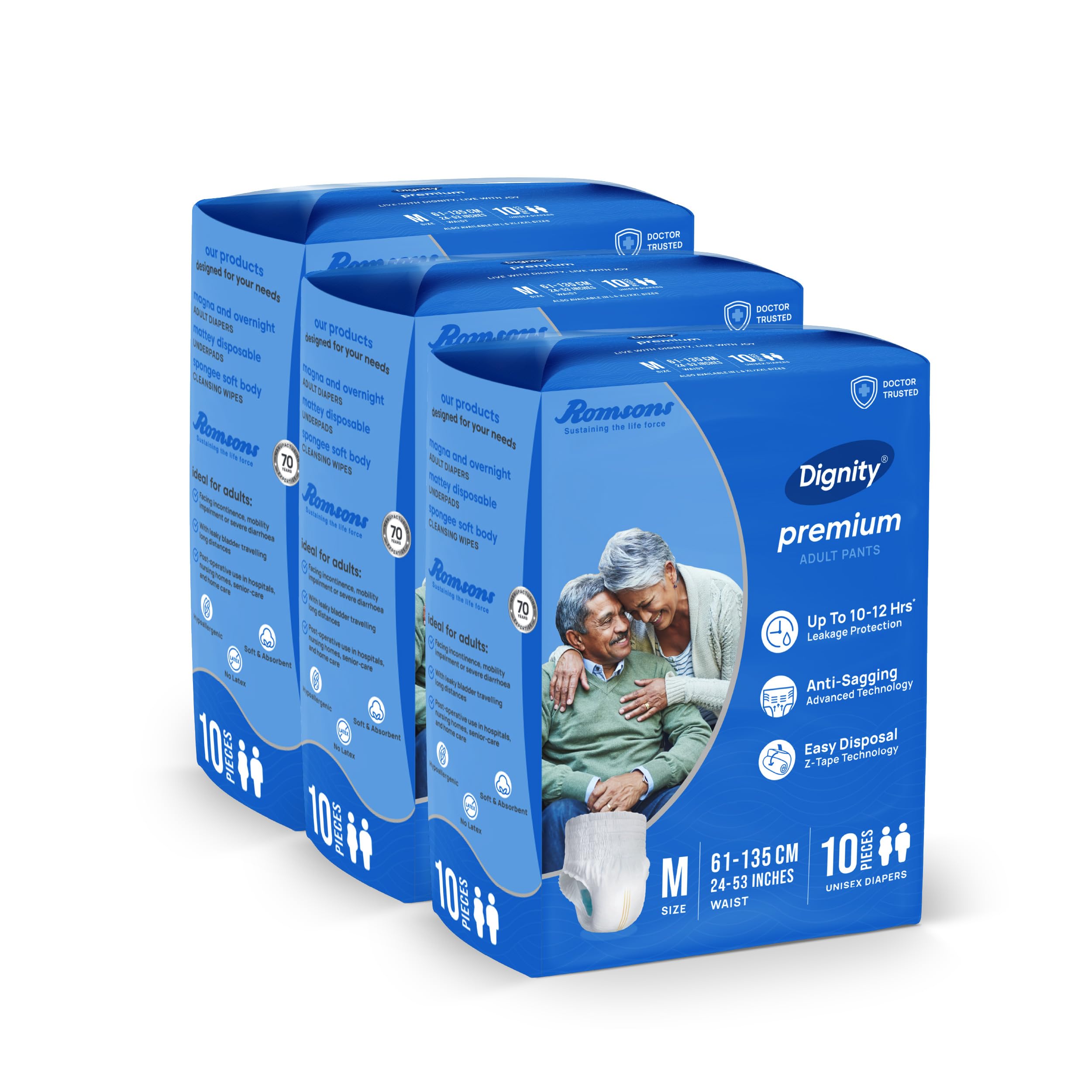 Dignity Premium Pull Up Adult Diapers Pant Style - 30 Count (Medium) with Soft Elastic and Extra Absorbent Core, Waist Size 24" - 53", 10 Pcs/Pack (Pack of 3)