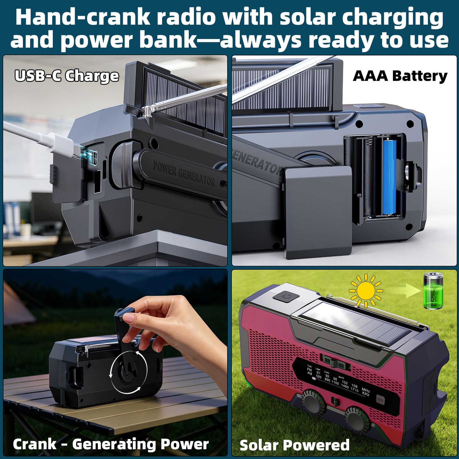 SOLARBABY Radio a Manovella 10000mAh, Radio Solare Portatile con Torcia, Luce di Lettura, AM/FM Radio di Emergenza Solare con Allarme SOS, USB per Emergenze Blackout Campeggio, Rosso
