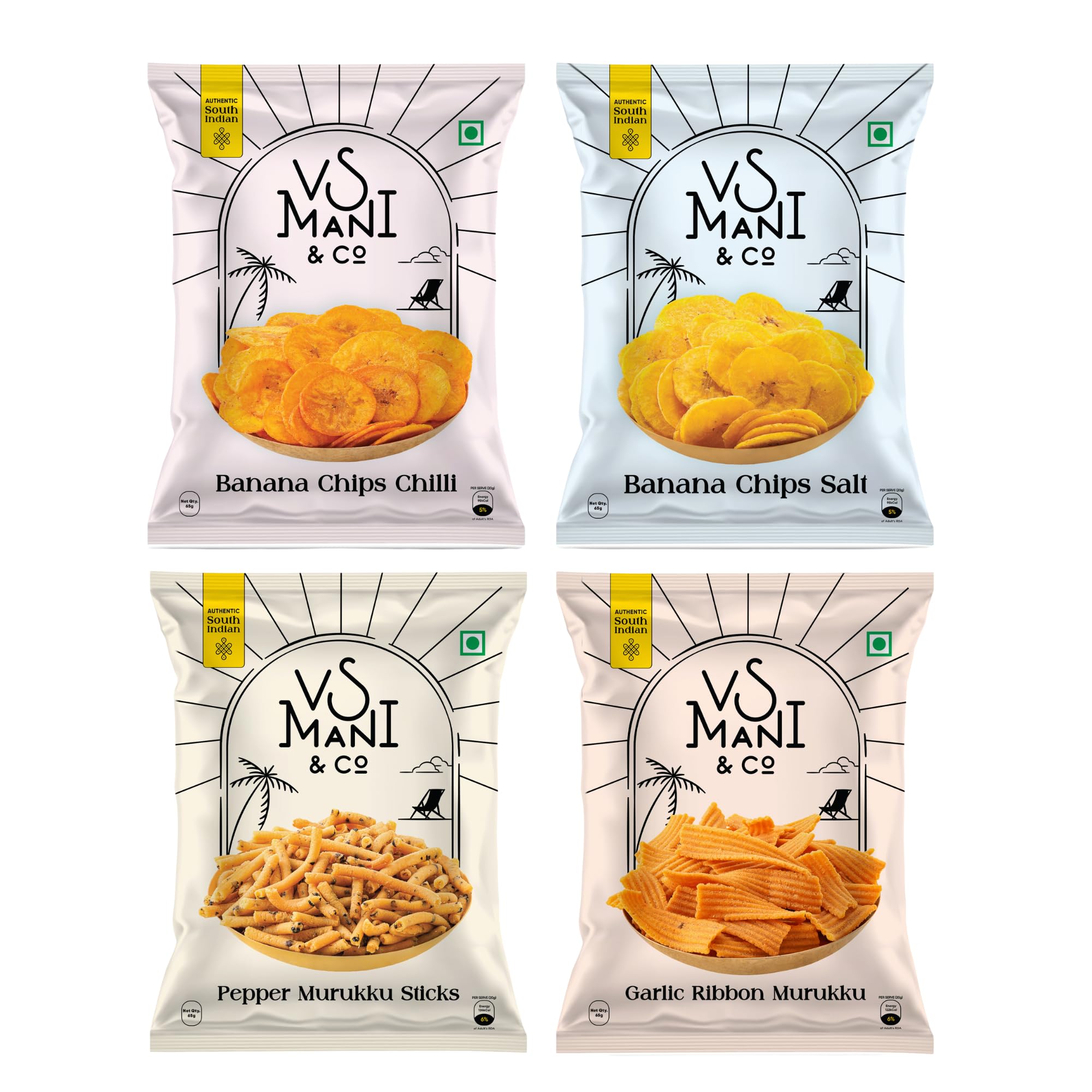 VS Mani & Co Authentic South Indian Snacks Combo | Pack of 4: Ribbon Murukku (65gm), Pepper Murukku (65gm), Salted Banana Chips (65gm), Chilli Banana Chips (65gm) | 260 gm (B0B21RN9HD) Amazon Price History, Amazon Price Tracker