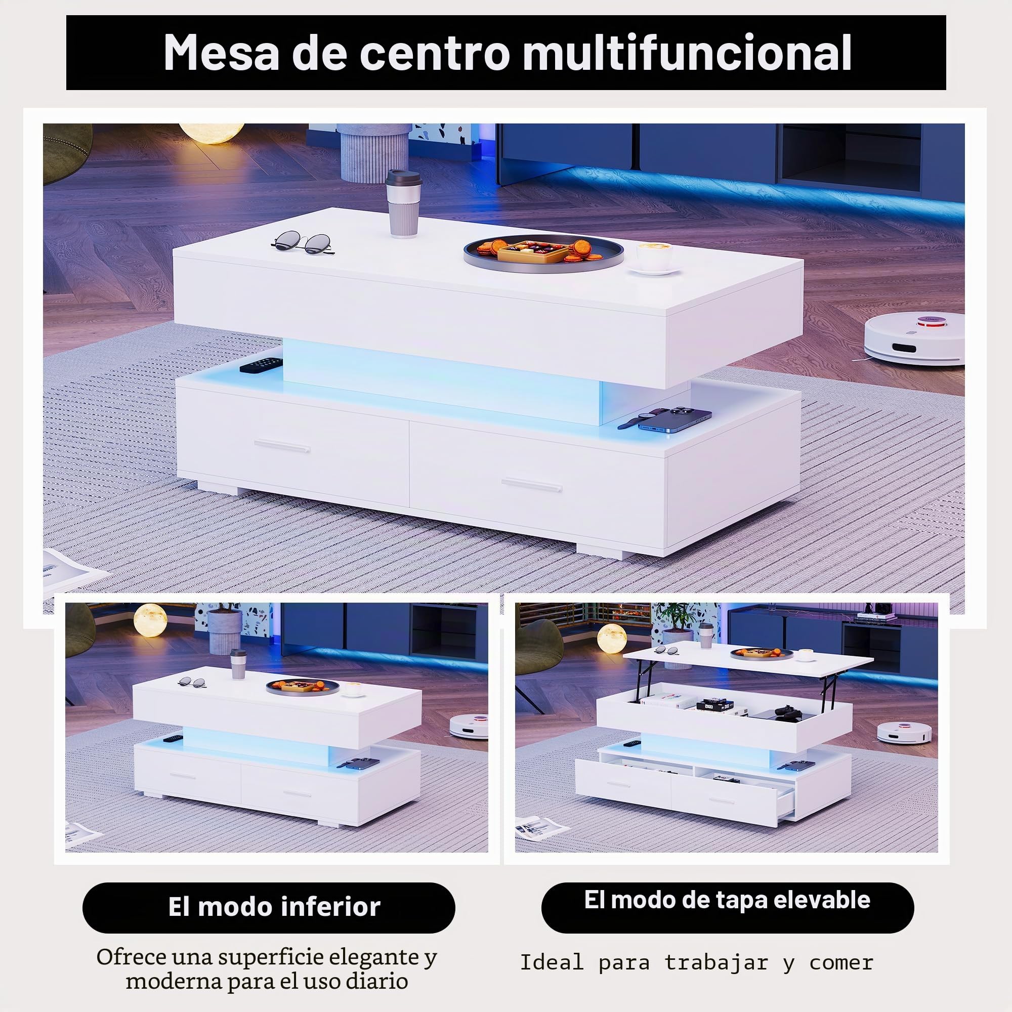 Mesa de centro hidráulica ajustable en altura, con iluminación LED, control por aplicación Bluetooth, 2 cajones y espacio de almacenamiento abierto, mesa de centro elevable (blanco)
