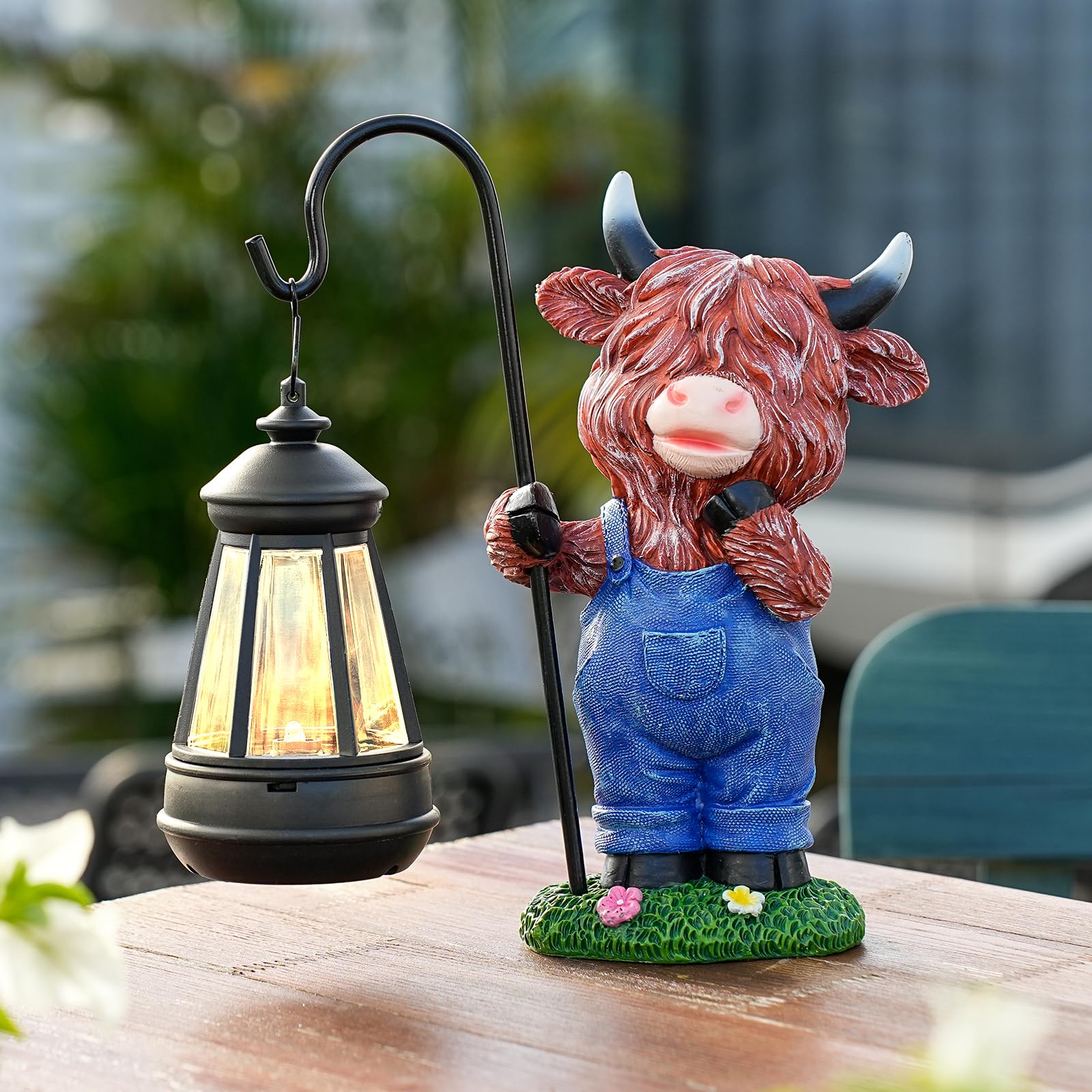 Statue solaire de vache des Highlands déco extérieur lanterne pelouse patio