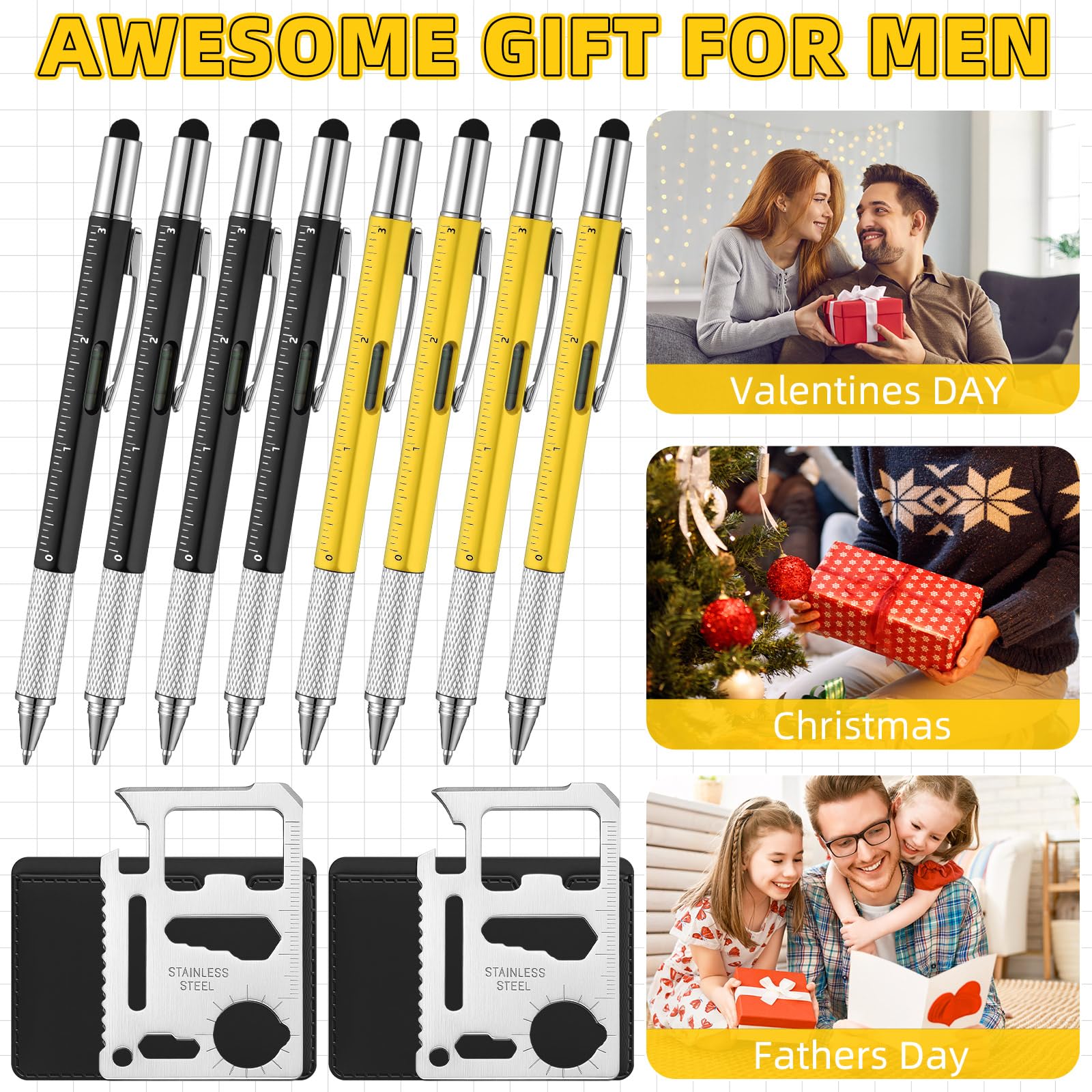 Vicenpal 40 Pcs Fathers Day Bulk Gifts 6 in 1 Screwdriver Tool Pen with Multitool Credit Card Bulk Tool Pen Gifts for Fathers Day Adult Men Dad Husband Male Employee (Black,Yellow;silver)