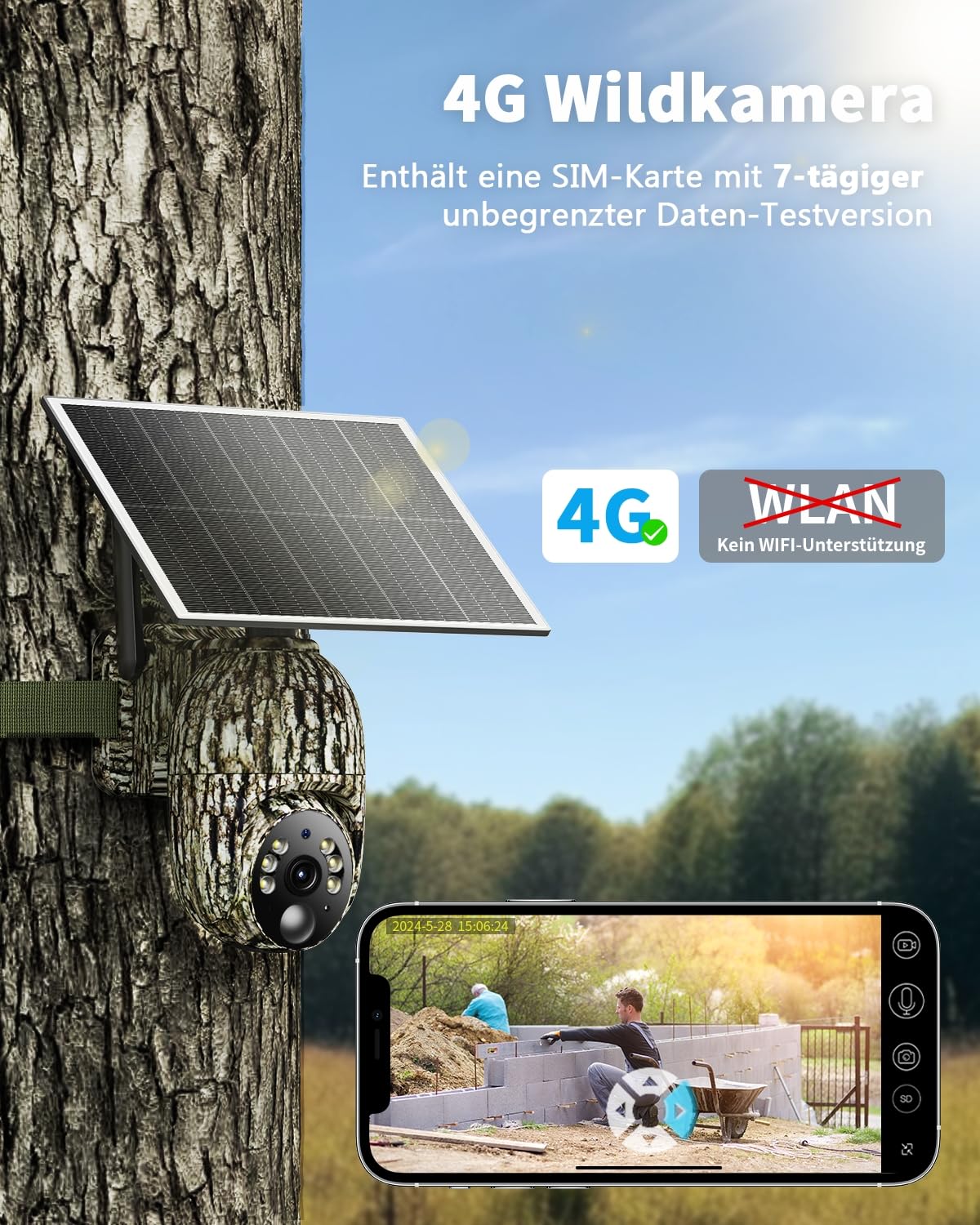 4G Wildkamera mit SIM Karte, 2K Solar Wildkamera mit Handyübertragung APP, Überwachungskamera mit Bewegungsmelder, PIR, IP66, 2-Weg-Audio-Mehrfarbig, 2 Pack