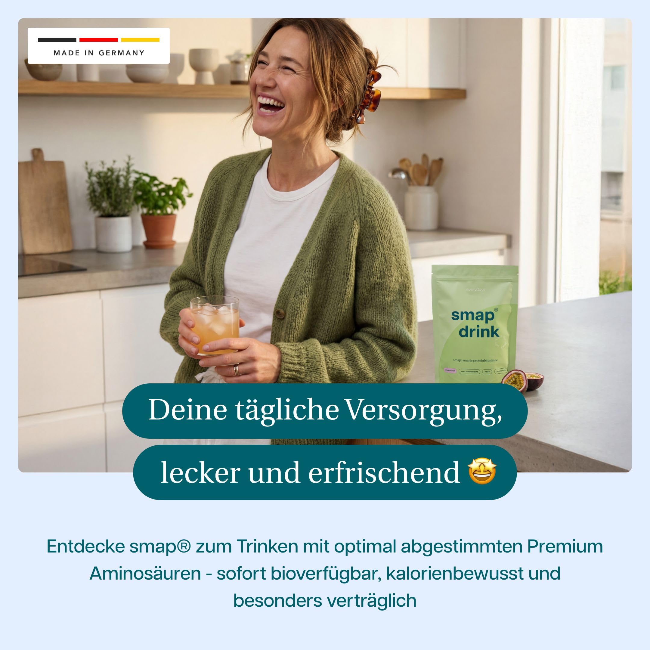 everydays – smap® drink Passion Fruit – 100% reine Aminosäuren - hochwertige Proteinbausteine für Zellen, Muskeln & Regeneration – vegan, zuckerfrei - Passionsfrucht (300g)
