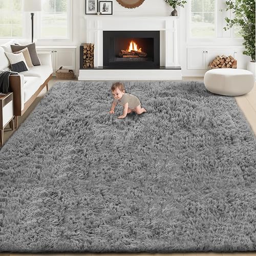 VECARF 8x10 Fluffy Shag Washable Dark Grey Rug