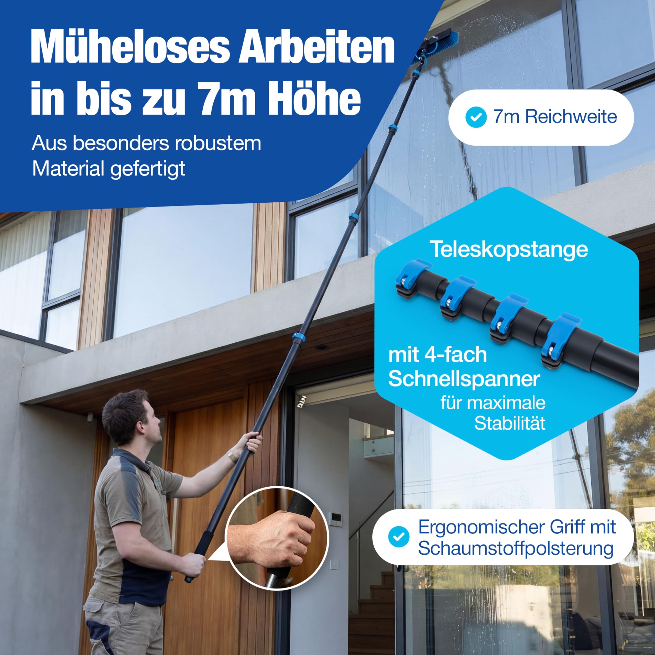 NTG Teleskop Waschbürste bis zu 7m 3-in-1 Bürstenkopf | Abzieher + Wasseranschluss | Innovation mit Zugventil |Wintergarten Reinigungsset PV Anlage Reinigung (7 M)