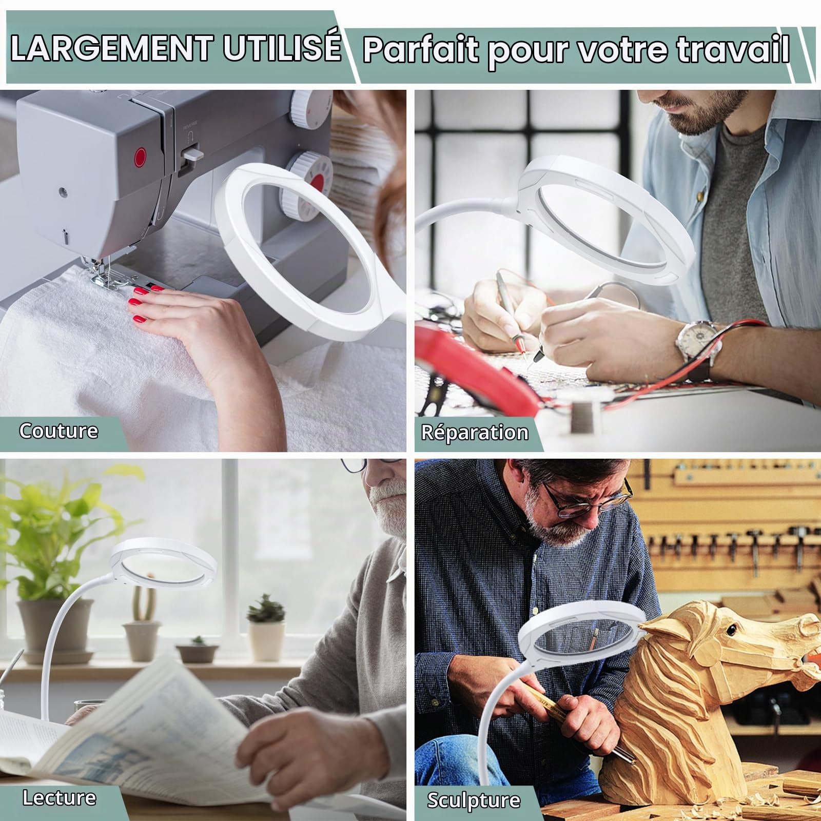 COLFULINE 2 en 1 Lampe Loupe LED-Loupe de Table Grossissement 5X10X-3 Mode de Luminosité-Lampe Loupe avec Pince- Chargement USB-Lampe de Table à Base et à Clip Idéal pour Lecture,Bureau