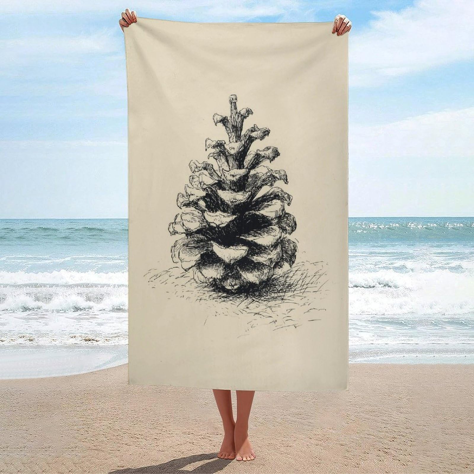 LSRCPD Pine Cone Black And White Beach Towel Sand Free Microfiber Large Shower Towels Multipurpose Absorbent for Bathroom Pool 130x80 CM