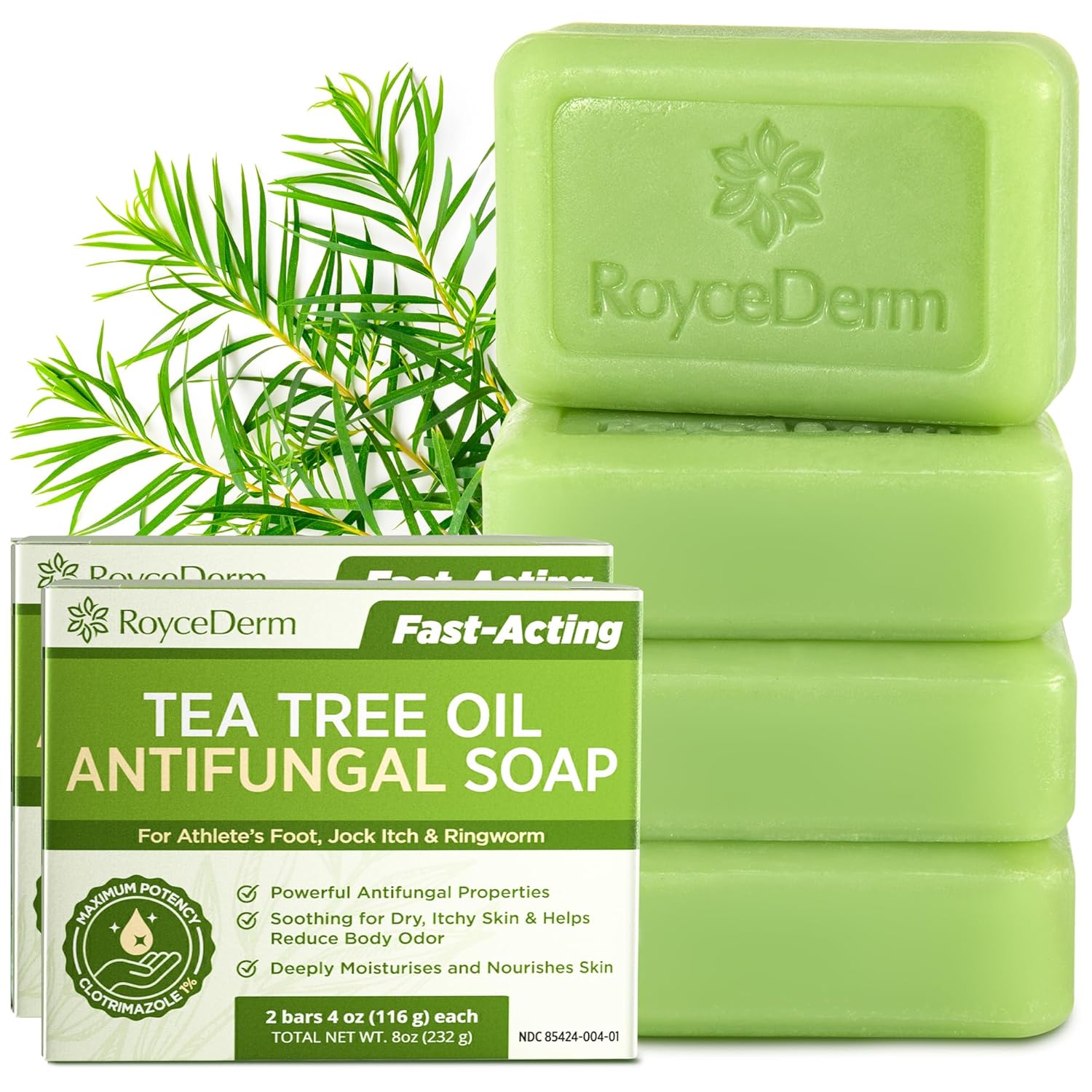 Roycederm Antifungal Bar Soap - Tea tree Oil Soap - Athlete’s Foot Treatment for Jock Itch & Ringworm - Medicated Antifungal Soap with Clotrimazole 1% - Tea Tree Oil Scent, 2 Pack
