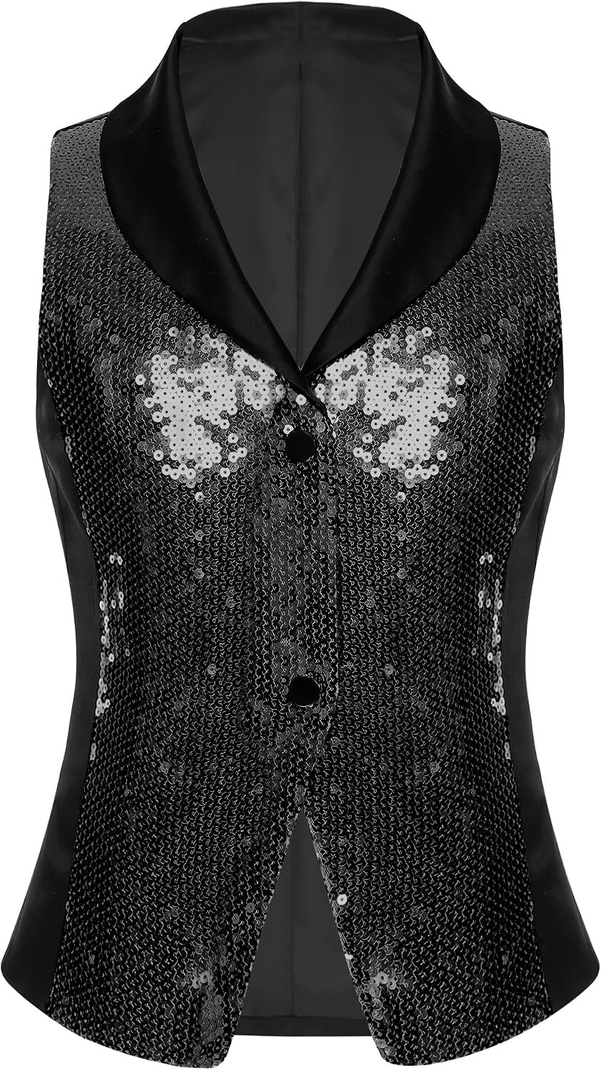 Choomomo Girl's Sparkly Sequin Vest V Neck Contrast Color Dressy Waistcoat Music Festival Shiny Tank Top