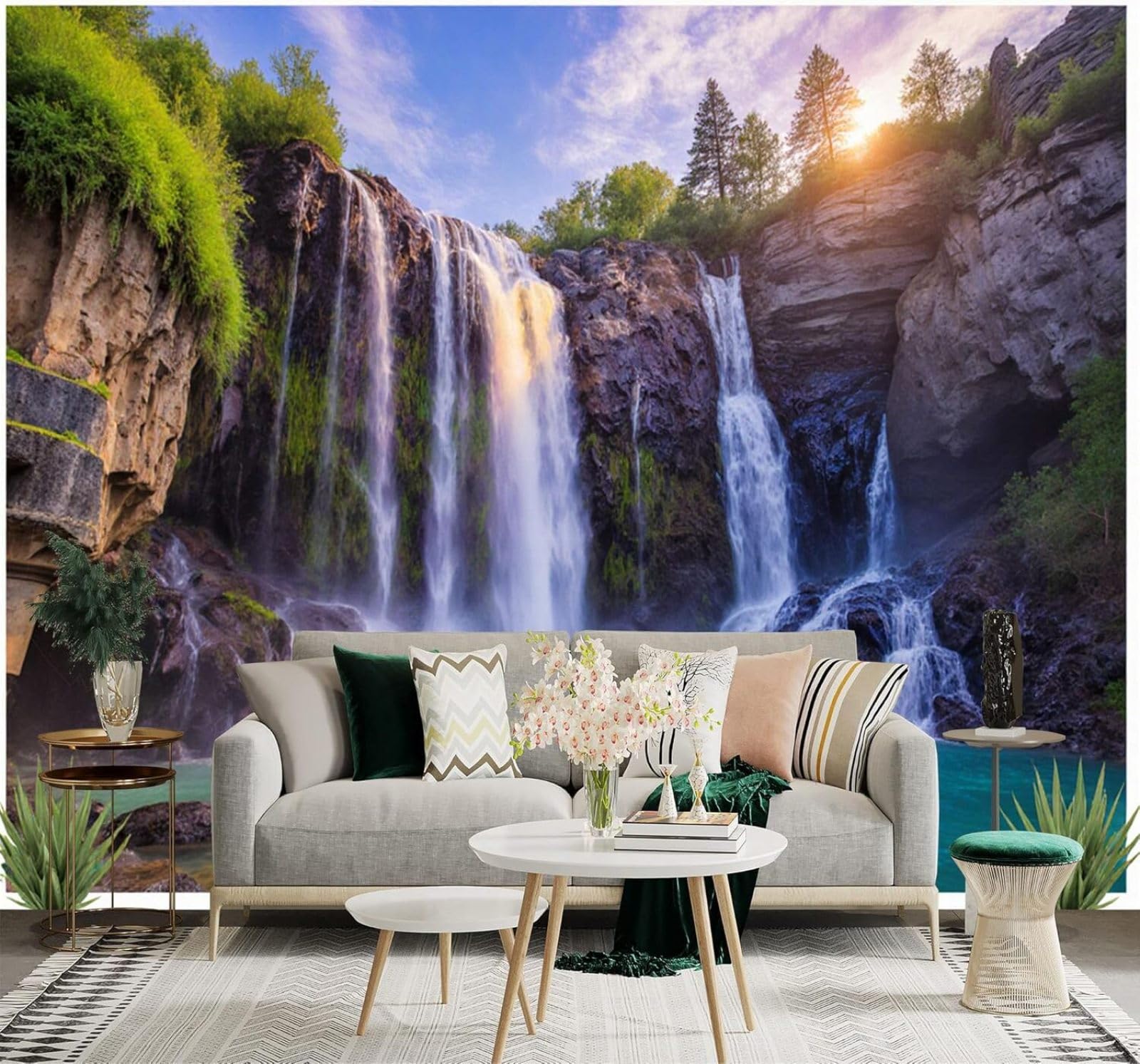 XLMING Magnificent Waterfall Rocky Cliffs Green Forest Sunshine Natural Scenery 3D Wallpaper Premium Textured Silk Study Dining Living Room Bedroom Sofa TV Wall Easy Install-400cm×280cm